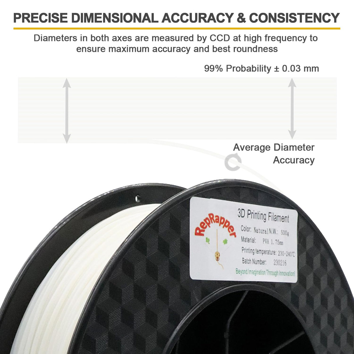 RepRapper PVA Filament 1.75mm for 3D Printer, Water Soluble Filament Commonly Used as Support Material, 0.5kg Natural Color RepRapper