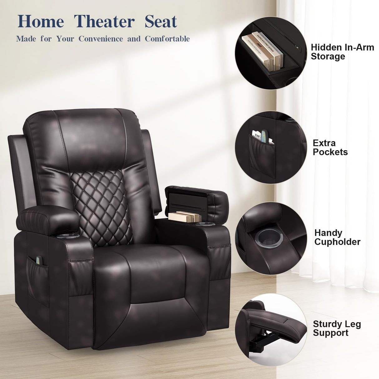 FURNIMAT Recliner Chairs for Adults, Massage Rocker with Heated Modern Ergonomic Lounge 360 Degree Swivel Single Sofa Seat Living Room Lounge Recliners Brown FURNIMAT