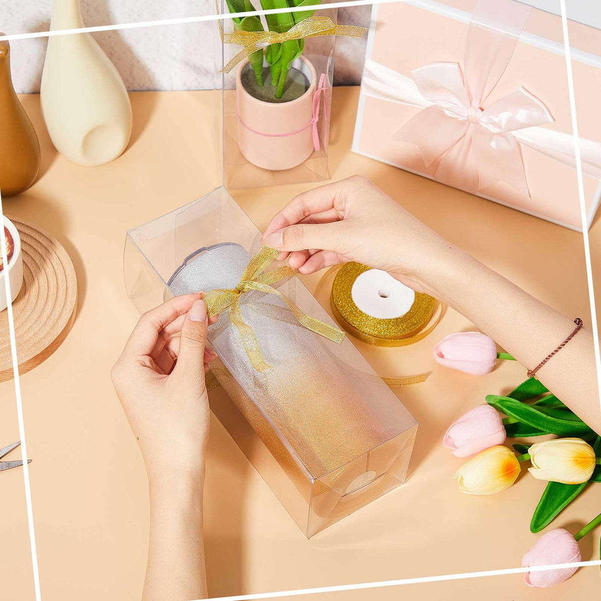 Beeveer 50 Pcs Mug Gift Boxes Clear Tumblers Packaging Box with Ribbon for Sublimation Tumblers Compatible with Stanley 11oz 12oz 15oz 20oz 30oz 40oz(3.3 x 3.3 x 9.8 Inch) Beeveer