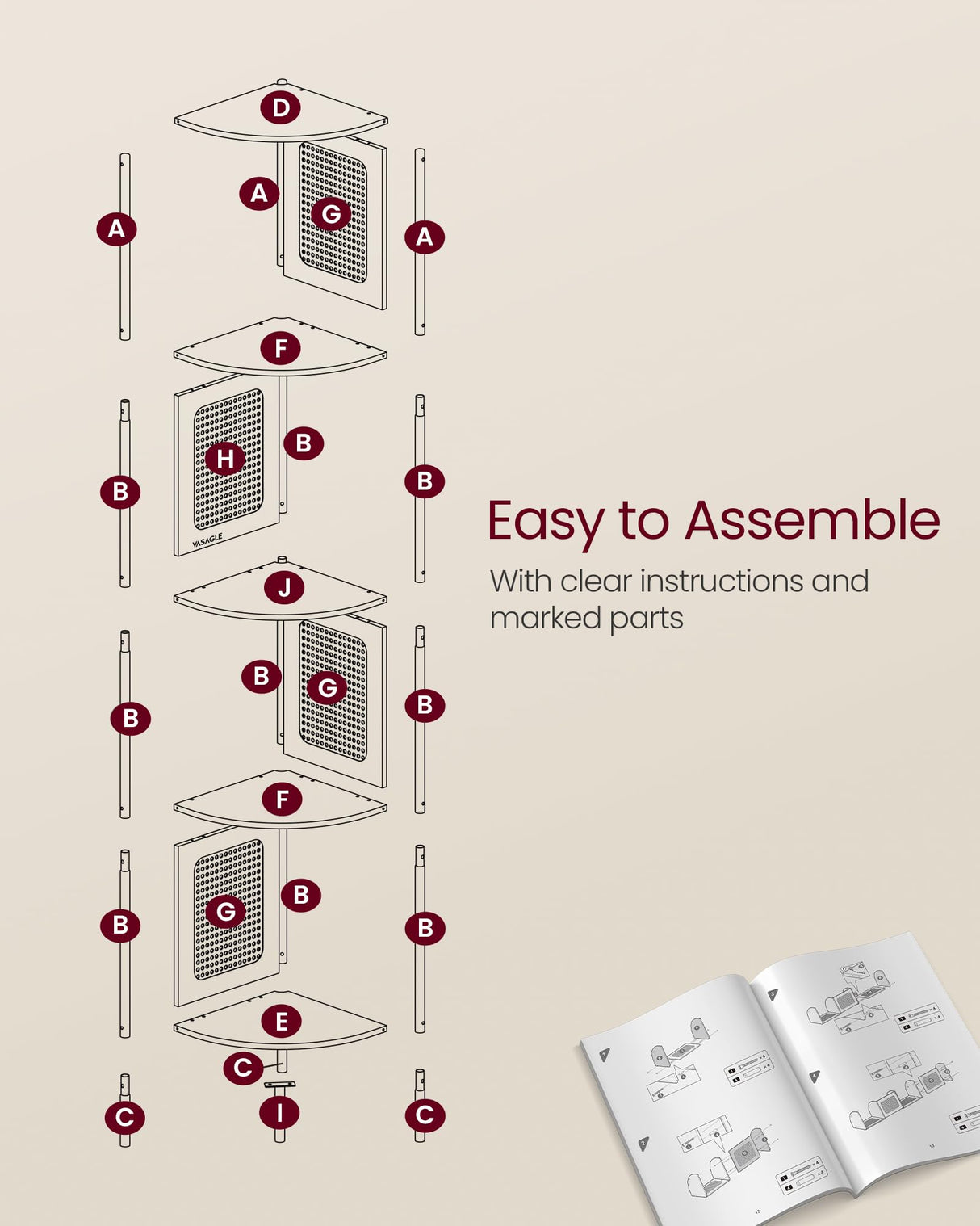VASAGLE 5-Tier Corner Shelf Stand, Boho Corner Bookshelf with Polyrattan Sides, Plant Stand for Living Room Bedroom Study Kitchen, Oak Beige ULLS588Y57 VASAGLE