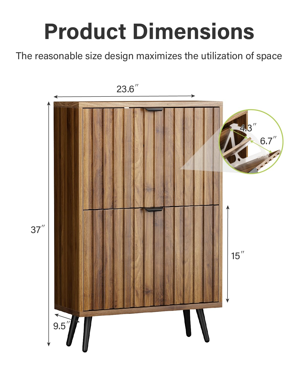 Smart FENDEE Shoe Cabinet, Slim Fluted Shoe Cabinet Storage for Entryway, Walnut Hidden Shoe Cabinet with Metal Legs and Flip Doors Smart FENDEE