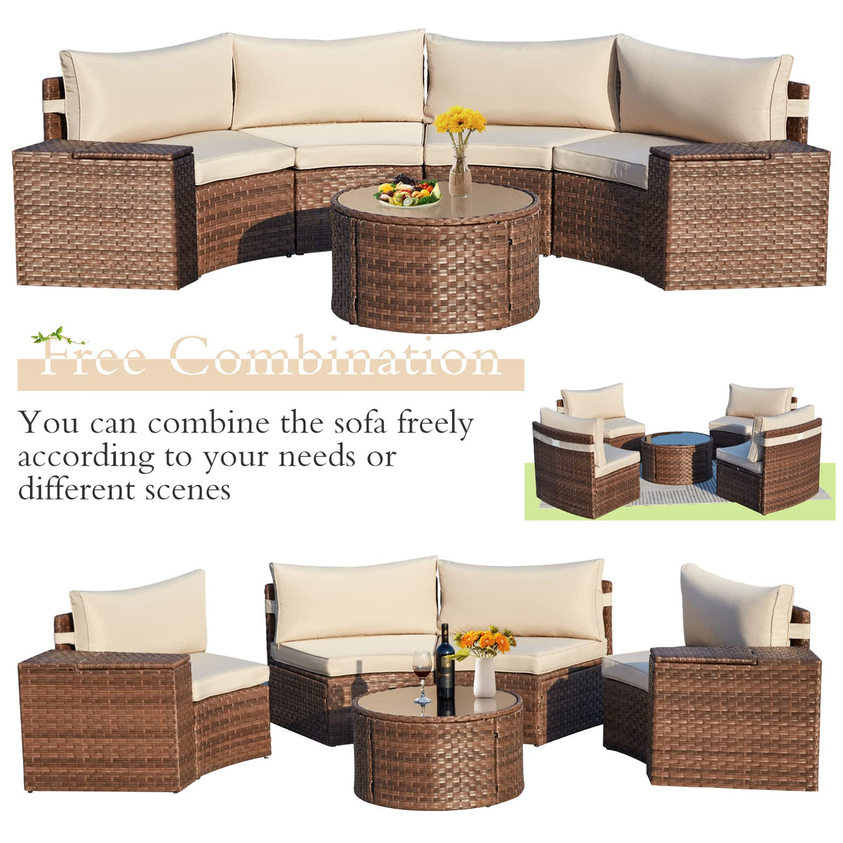ECOTOUGE 7 Piece Patio Furniture Sets, Half-Moon Circle Conversation Set, Curved Wicker Outdoor Sectional with 2 Storage Armrests and Glass Coffee Table, Garden Balcony and Backyard (Beige) ECOTOUGE