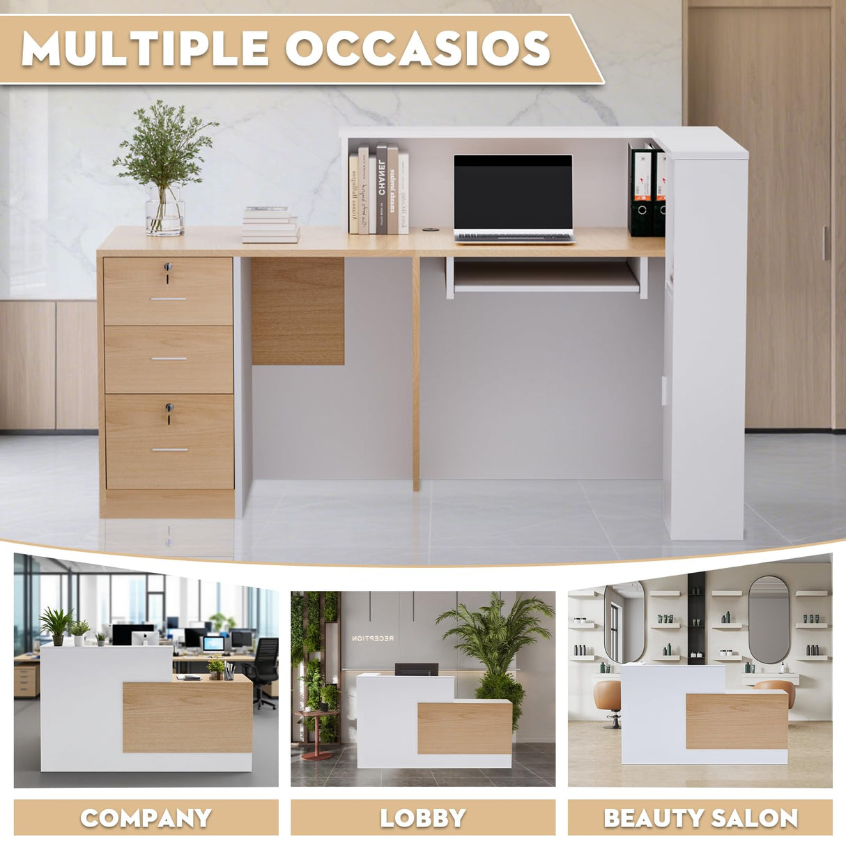 L-Shaped Large Wooden Reception Desk, Modern Front Desk Reception Counter with Lockable Drawers & Storage & Keyboard Tray, for Checkout, Lobby (Left-Natural Wood/White, 71''L x 42''W x 41''H) Yorkgargen