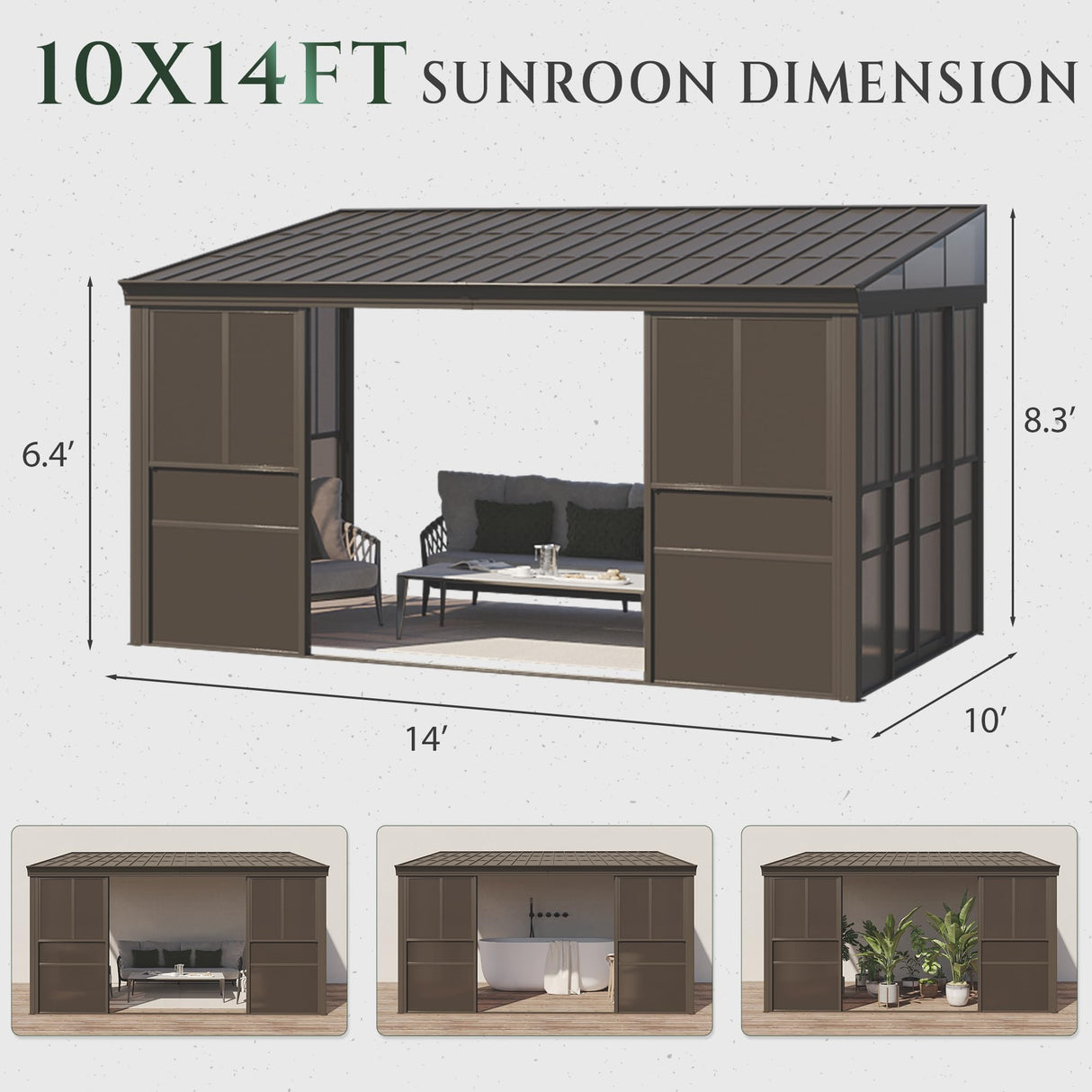 YOLENY 10x14FT Sunroom,Wall Mounted Gazebo Solarium with Front Door, Both Side Entrance, Galvanized Steel Sloping Roof, Moveable PC Screen, Outdoor Permanent Sun Room Lean to Gazebo for Deck Patio YOLENY