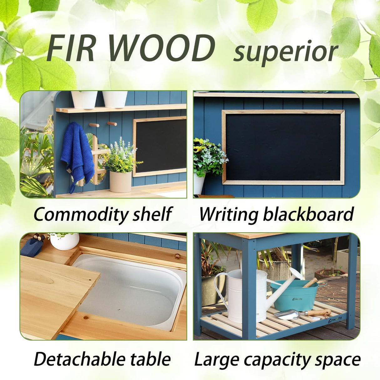 GROWRKS Potting Bench Outdoor Potting Table—All-Weather Kids Solid Wood Garden Work Station with Sink、Drawing Board、Shelves, Weather Proof(Blue, Large) GROWRKS