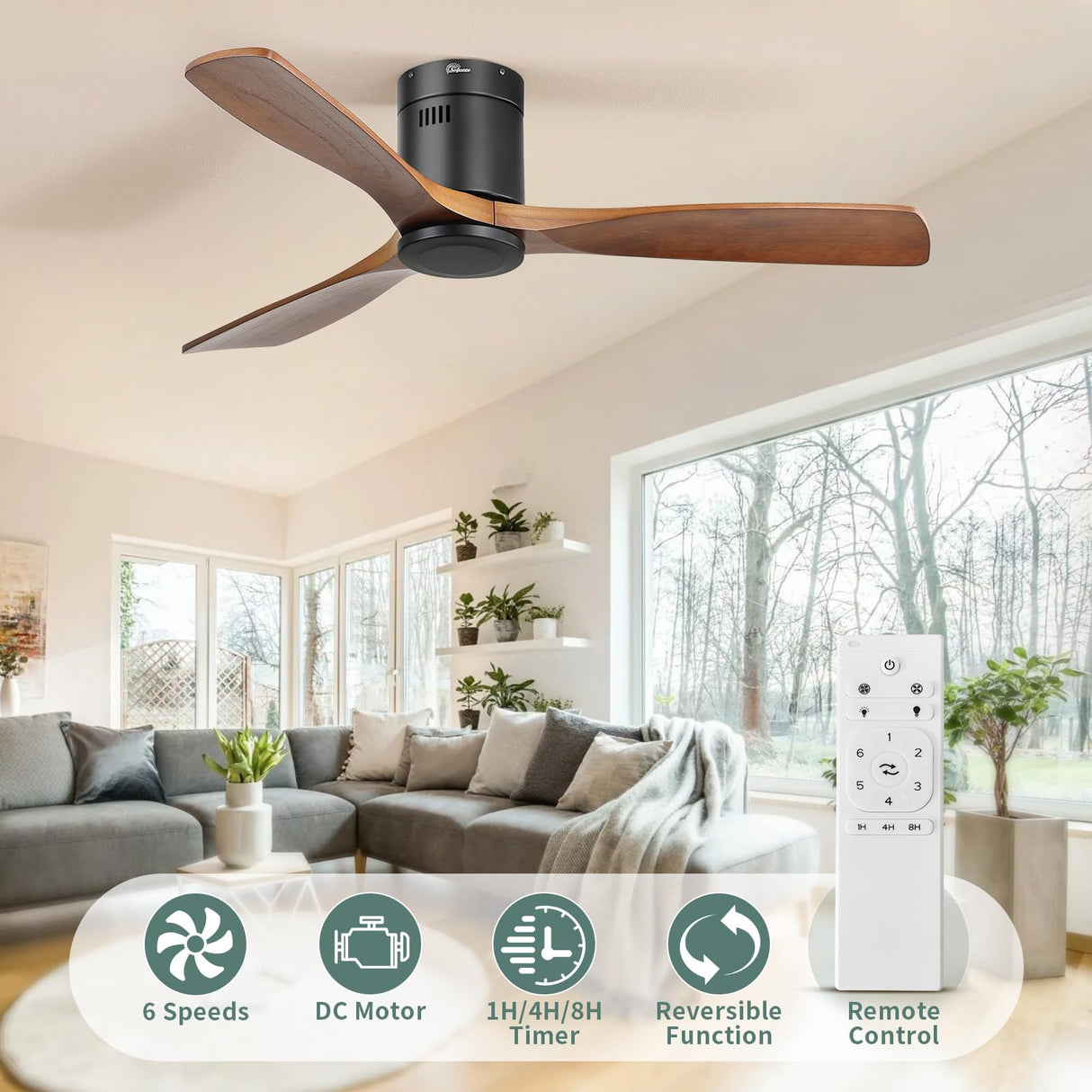 Sofucor 52 Inch Ceiling Fan Without Lights Flush Mount Ceiling Fan with Remote Control, Wood Blades Modern Outdoor Ceiling Fan No Light for Bedroom/Farmhouse/Patio/Indoor Sofucor