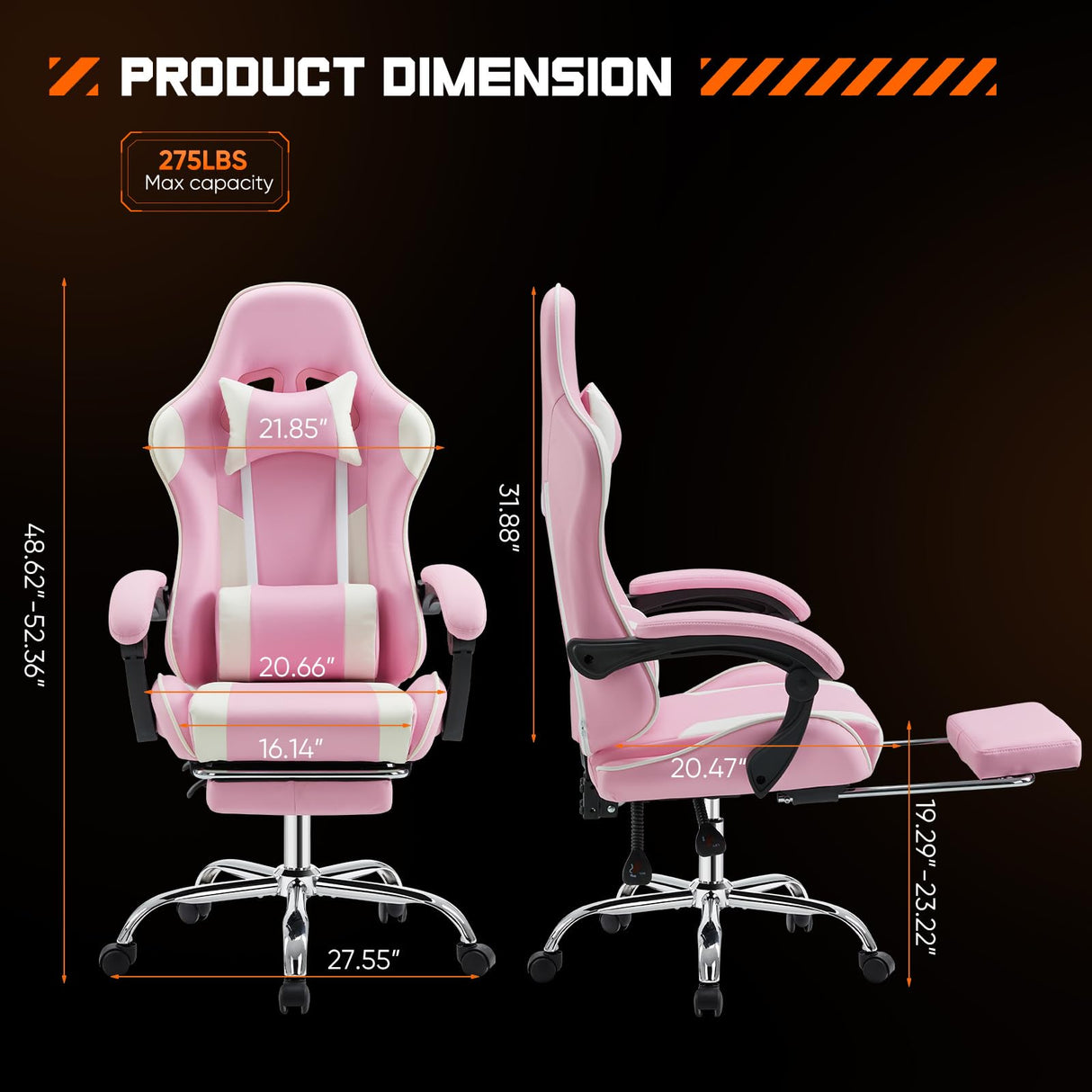 Sweetcrispy Video Game Desk Chair - Ergonomic Computer with Footrest and Comfy Lumbar Support, PU Leather Recliner with Headrest, Fixed Up Armrest, Height Adjustable with 360° Swivel, for Adults, Pink Sweetcrispy