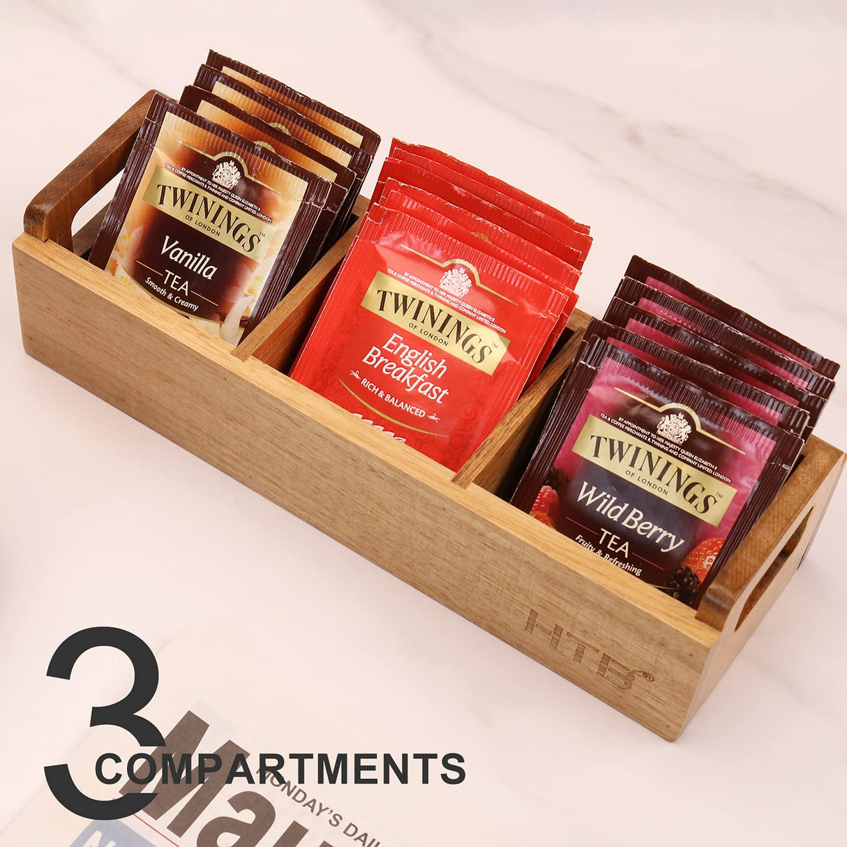 HTB Small Tea Bag Box Wooden, 3 Compartments Acacia Wood Tea Bag Chest with Handle, Mini Countertop Divided Storage Container for Beverage Supplies, Sugar, Sweeteners, Individual Packets HTB