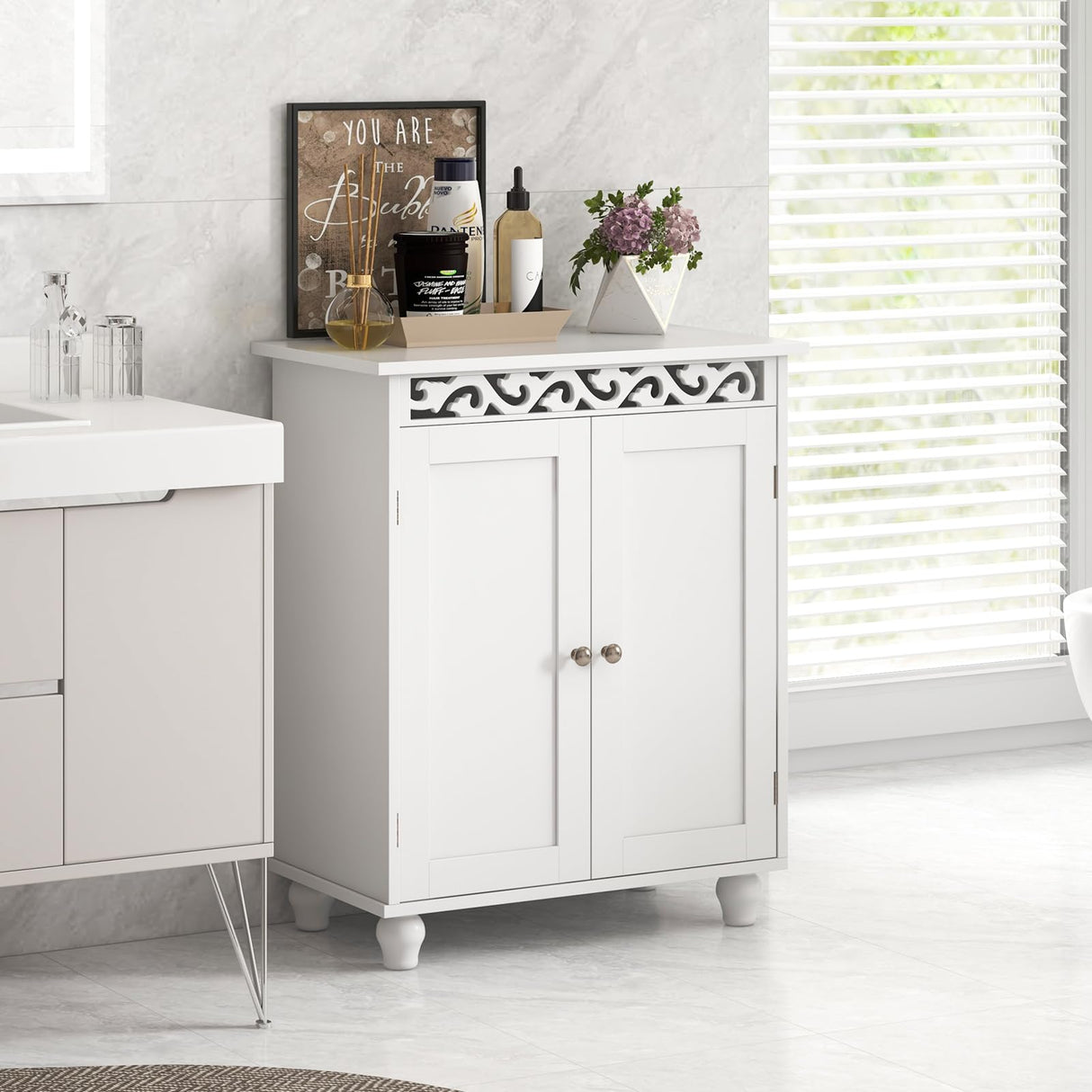 Tangkula Classic White Bathroom Storage Cabinet with Adjustable Shelf and Solid Wood Legs Tangkula