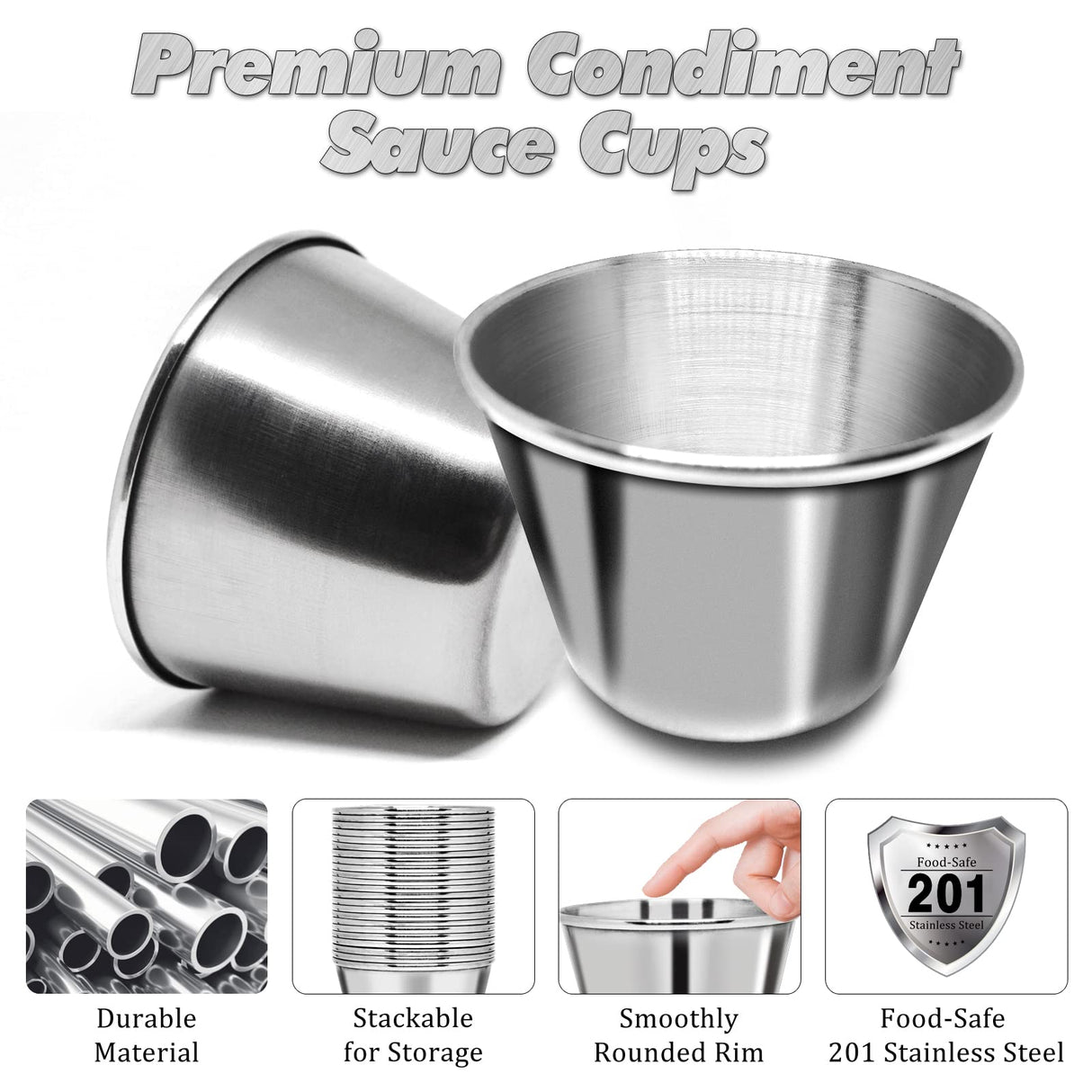 DJZZ 50 Pcs Metal Sauce Cups 2.5oz Ramekins, Stainless Steel Dipping Sauce Cups Metal Condiment Container Reusable Round Butter Dressing Sauce Cups Restaurant Small Bowls DJZZ