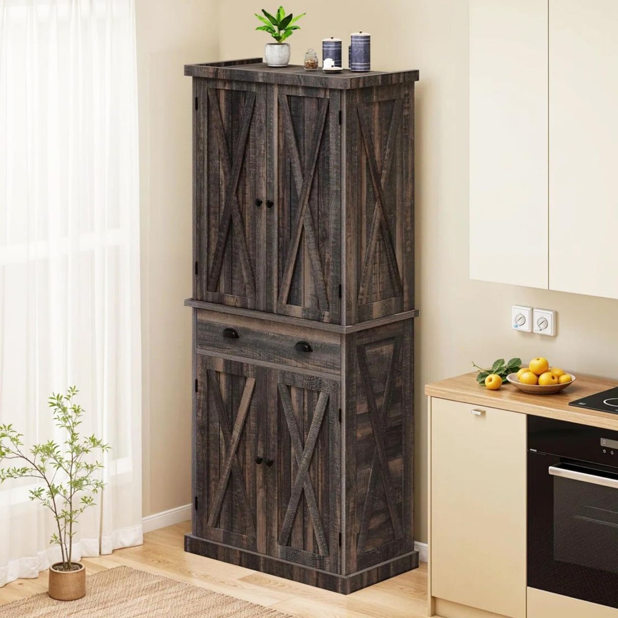 YITAHOME 72'' Tall Kitchen Pantry Cabinets, Farmhouse Storage Cabinets with Barn Doors, Drawer & Adjustable Shelves, Rustic Wood Cupboard for Dining Room, Living Room, Gray Rustic YITAHOME