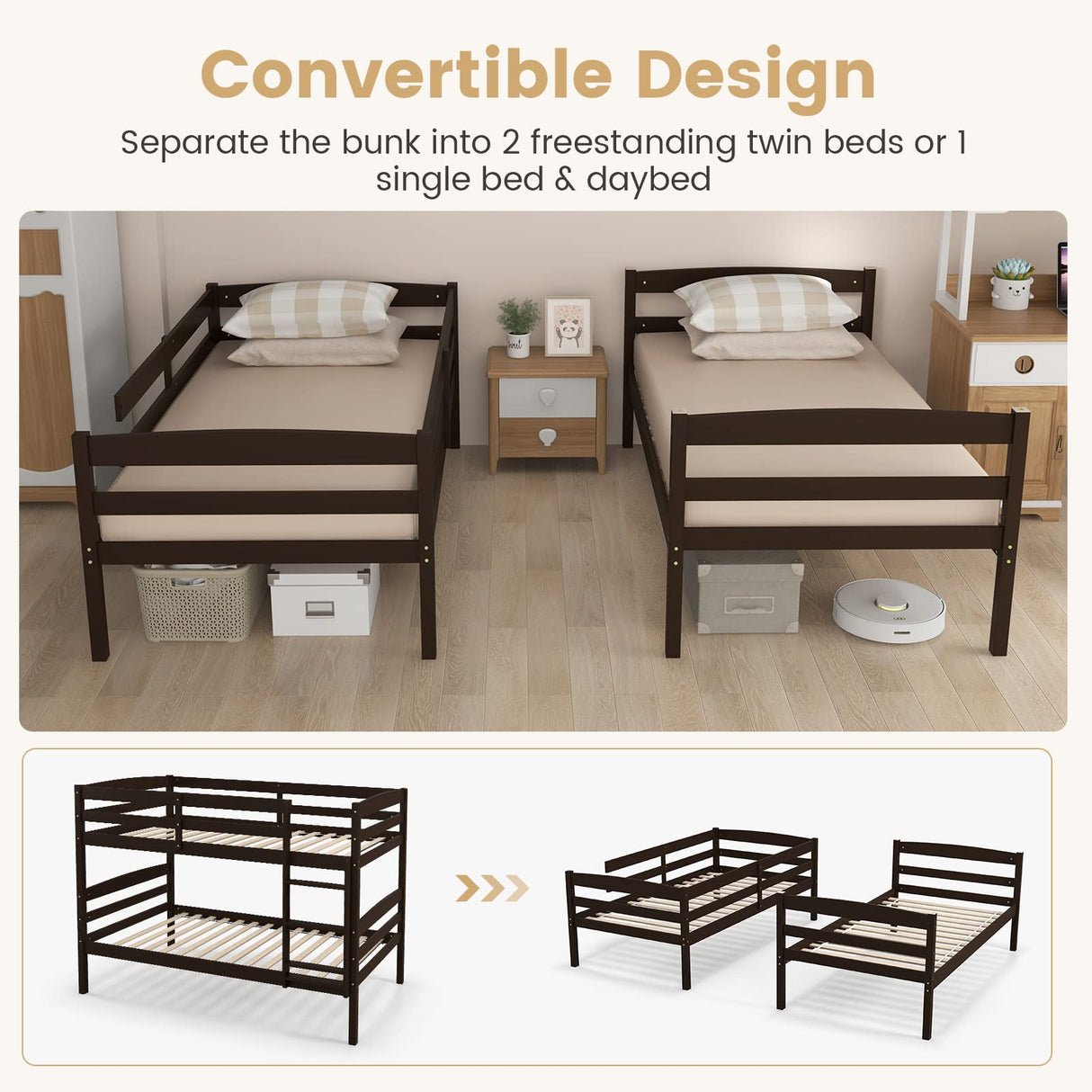 Giantex Espresso Twin Over Twin Bunk Bed with Detachable Design, High Guardrails & Integrated Ladder Giantex