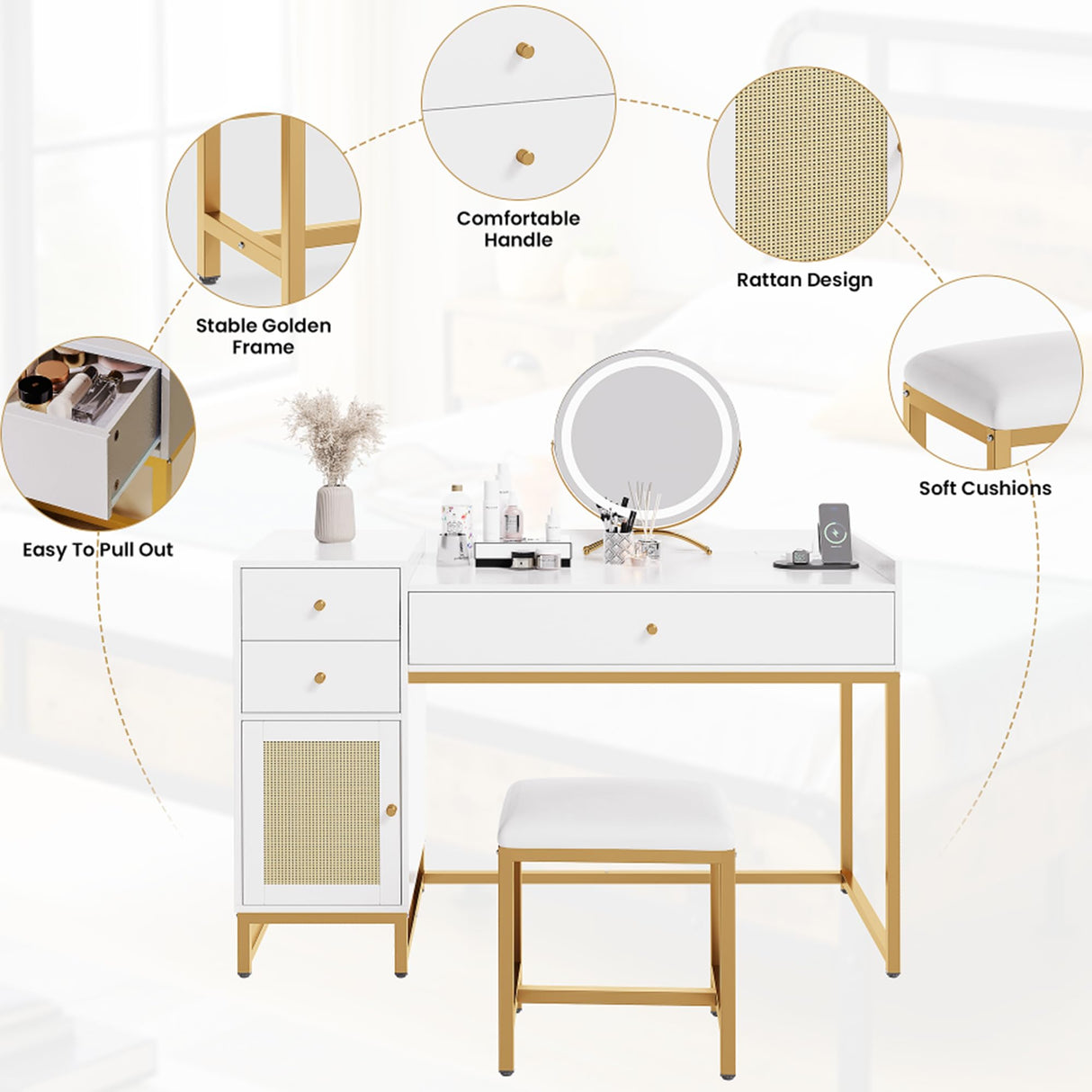 AWQM White Makeup Vanity Desk with Stools,Rattan Vanity Table Set with Power Outlet,Makeup Table Dressing Table with Drawers & Cabinet, Small Vanity Table for Bedroom with Storage,Without Mirror AWQM