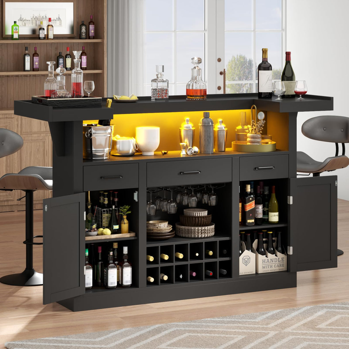 Loomie Bar Table Cabinet with LED & 3 Drawers,Liquor Bar with Adjustable Storage Shelves & Stemware Holders, Crescent Shaped Counter for Home Pub, Wine Alcohol Bar Stand with Door & Wine Rack (Black) Loomie