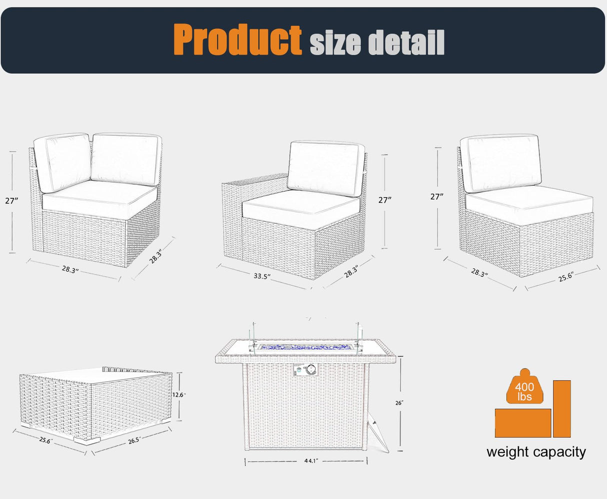 KHOLH 13 Pieces Patio Furniture Conversation Sofa Set with 44" Propane Gas Fire Pit Table, Outdoor Sectional Rattan Wicker Sofa Set KHOLH