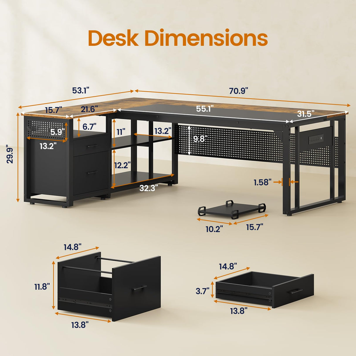 UPOSOJA 71 in Executive Desk with Power Outlets, Reversible L Shaped Desk with File Drawers & Storage Shelves, Large Office Desk Computer Desk with Pegboard, Mobile CPU Stand, Modern Corner Desk UPOSOJA