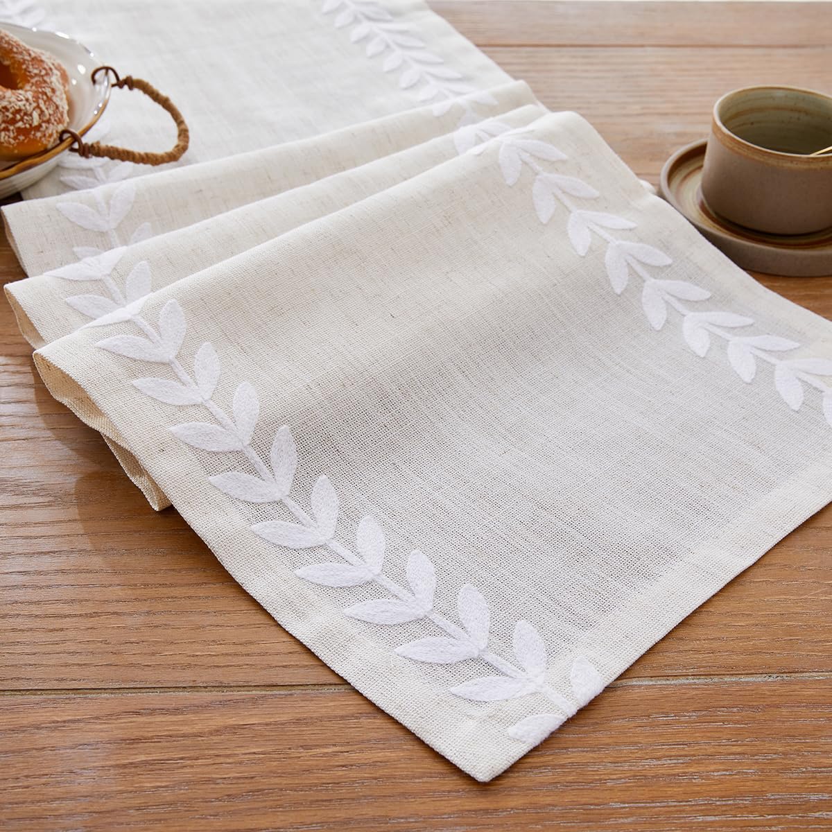 Wracra Embroidered Table Runner Irregular Willow Leaf Table Runners 72 Inches Long For Dresser Home Dining Table Decor,14 x 72 Inch, White Wracra