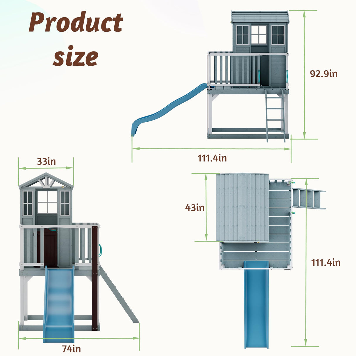 HOMMOW Kids Outdoor Playhouse, Cedar Wooden Outdoor Playhouse with Slide,Growth Chart,Interactive Play Kitchen,Installation Manual and Videos, Blue Grey HOMMOW