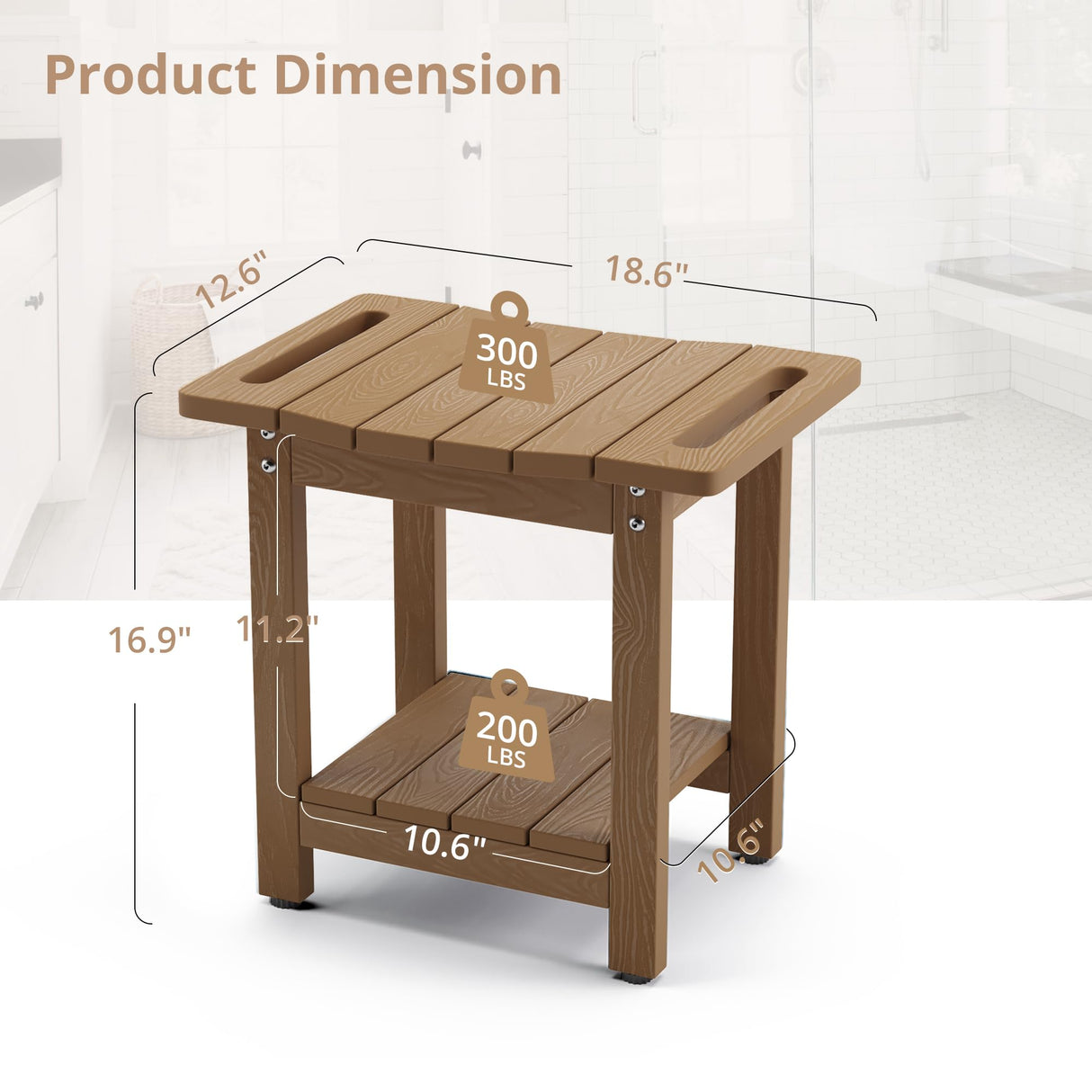 LUE BONA HDPS Shower Bench Seat with Shelf, Brown Shower Stool for Inside Shower Waterproof, Bath Shower Stool Chair for Spa Bathroom, Weather Resistant/Non-Slip/Handles/Indoor or Outdoor Us LUE BONA