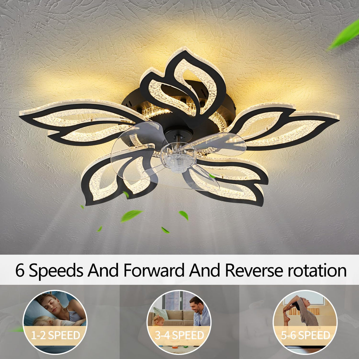 haodengshi 25" Ceiling Fan with Lights and Remote Control, Black Geometric Ceiling Fan with Lights, 3 Light Color 6 Speeds Flush Mount Low Profile Ceiling Fan for Bedroom Kitchen haodengshi
