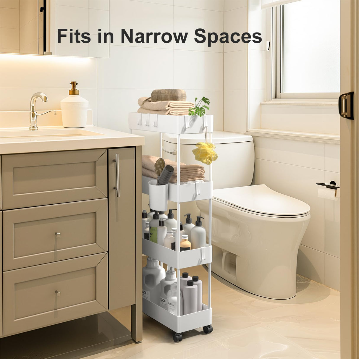 Pipishell Slim Storage Cart with Wheels, 4 Tier Bathroom Storage Organizer Rolling Utility Cart for Bathroom Kitchen Laundry Room Office Narrow Place (White) Pipishell