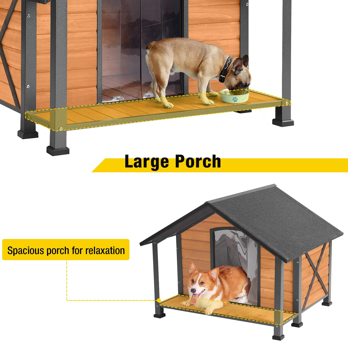 Aivituvin Dog House with Anti-Chewing Metal Frame Outdoor Large Wooden Dog Kennel Outside with Overhang Roof Large Porch Weatherproof Aivituvin