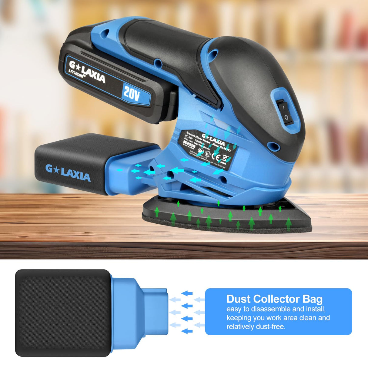 G LAXIA Detail Sander, 20V Cordless Electric Sander with 20Pcs Sandpapers, 12000 OPM Hand Held Sanders with Dust Bag for Woodworking G LAXIA