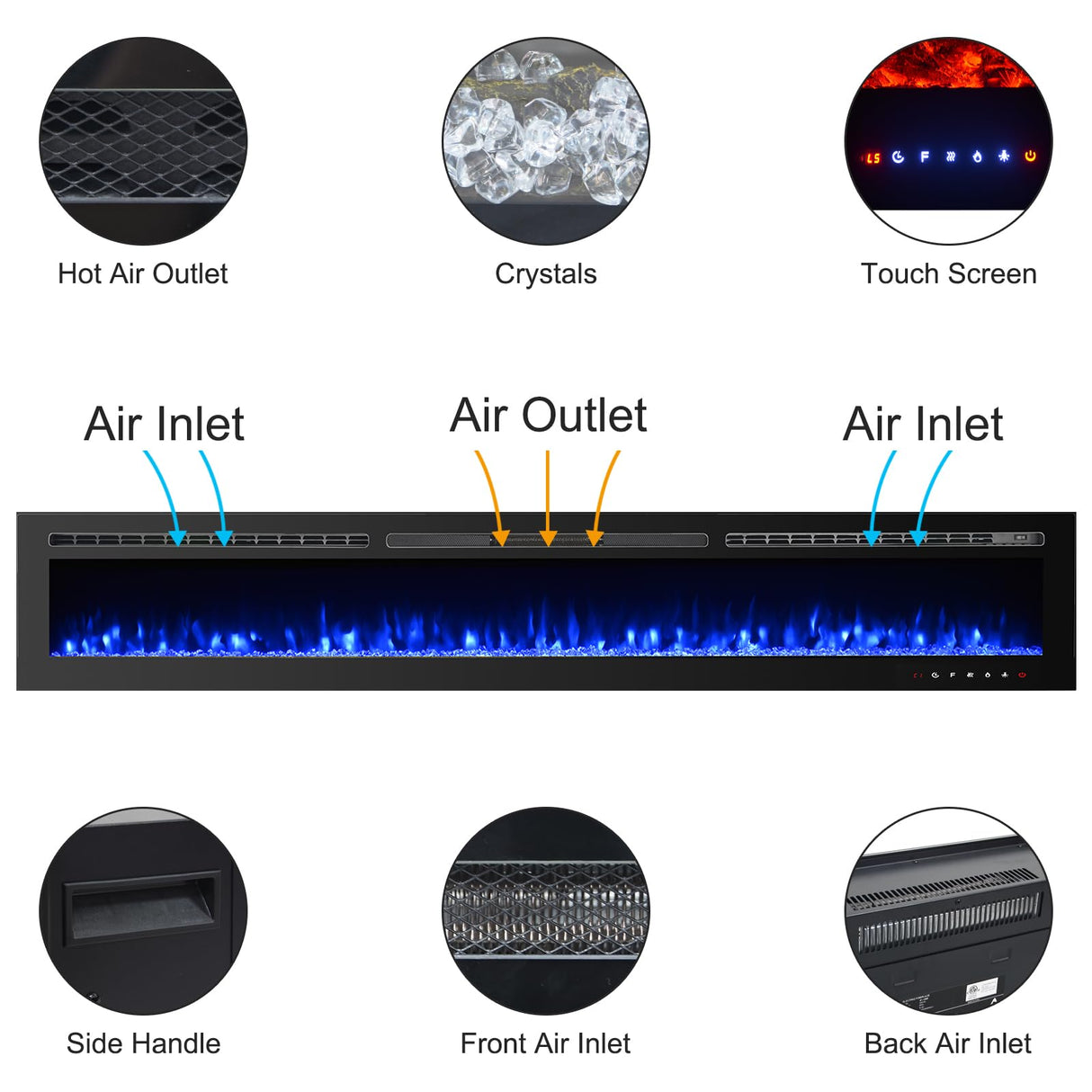 CharaVector 100 inch 750W/1500W Electric Fireplace Inserts with Remote Control in Wall Mounted, Energy Saving LED Insert Fireplace Heater Indoor Glass View with Remote Control & Touch Screen, Black CharaVector