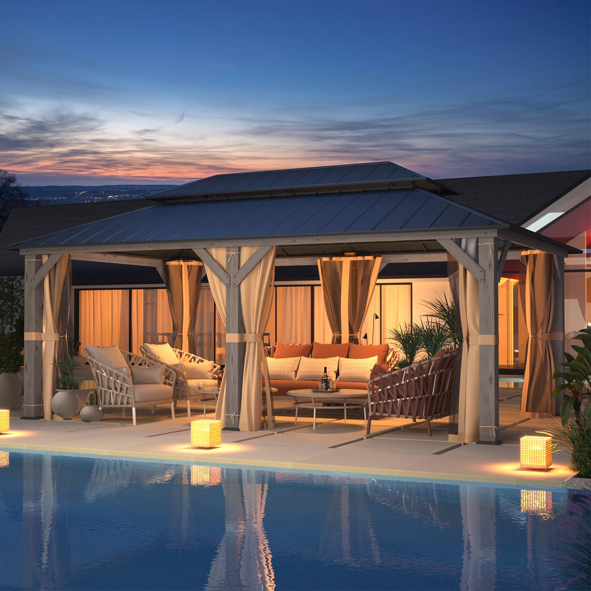 MELLCOM 12' x 20' Outdoor Hardtop Gazebo, Cedar Wood Framed Gazebo with Powder Coated Metal Roof for Gardens, Patios, Lawns,Vintage grey MELLCOM