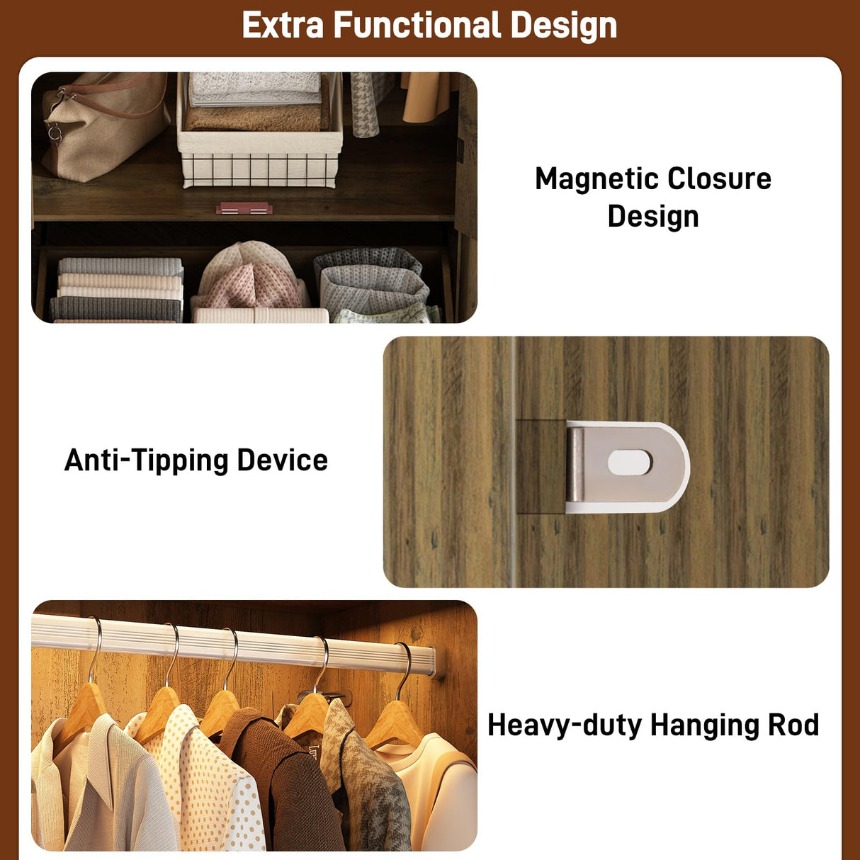 chartustriable 2 Doors Arched Armoire Wardrobe Closet w/Drawers,LED Light,Wooden Closet Wardrobe Cabinet with Hanging Rod for Bedroom,Modern Armoire Storage Cabinet w/Shelf,Rustic Oak chartustriable