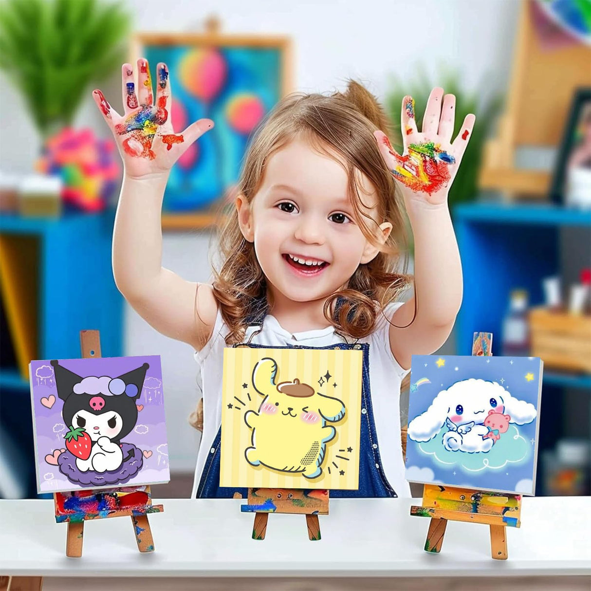 Sretoul 4 Pack Cartoon Paint by Numbers Kit for Kids with Frame - Wooden Easel, Cute Kids Paint by Numbers Ages 4 8 12, DIY Acrylic Oil Painting for Home Wall Decor (8x8 inch) Sretoul