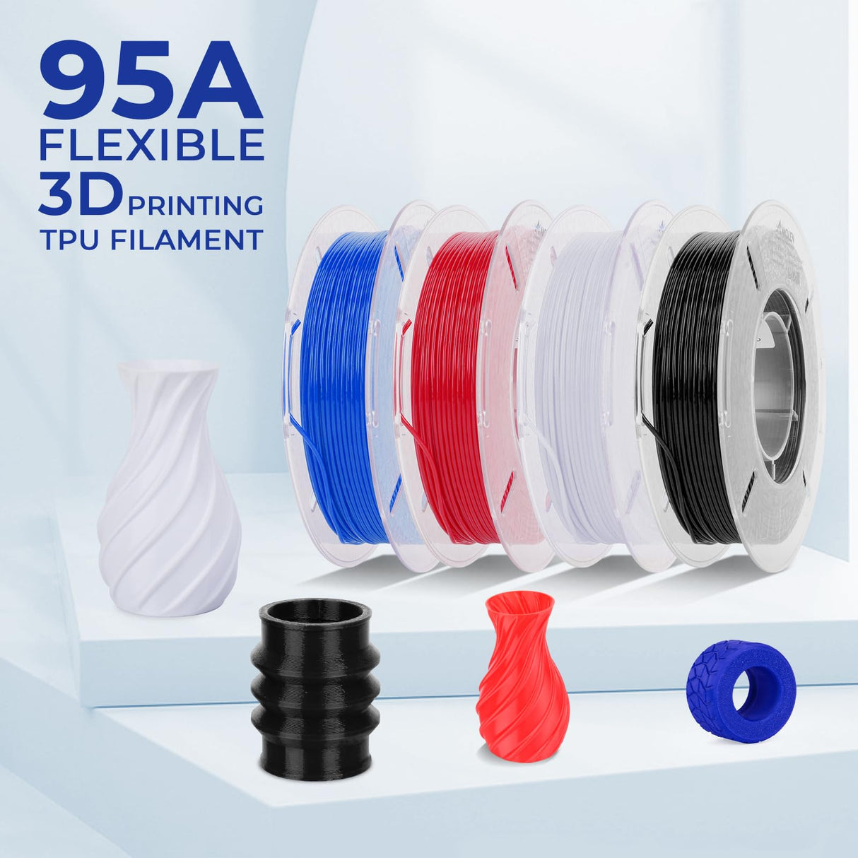 AMOLEN 3D Printer Filament, Flexible TPU Filament Bundle, 1.75mm TPU Filament Multicolor, Soft Filaments of High Elasticity, Supports High Speed, 200gX4 Spools(Black/White/Red/Blue) AMOLEN
