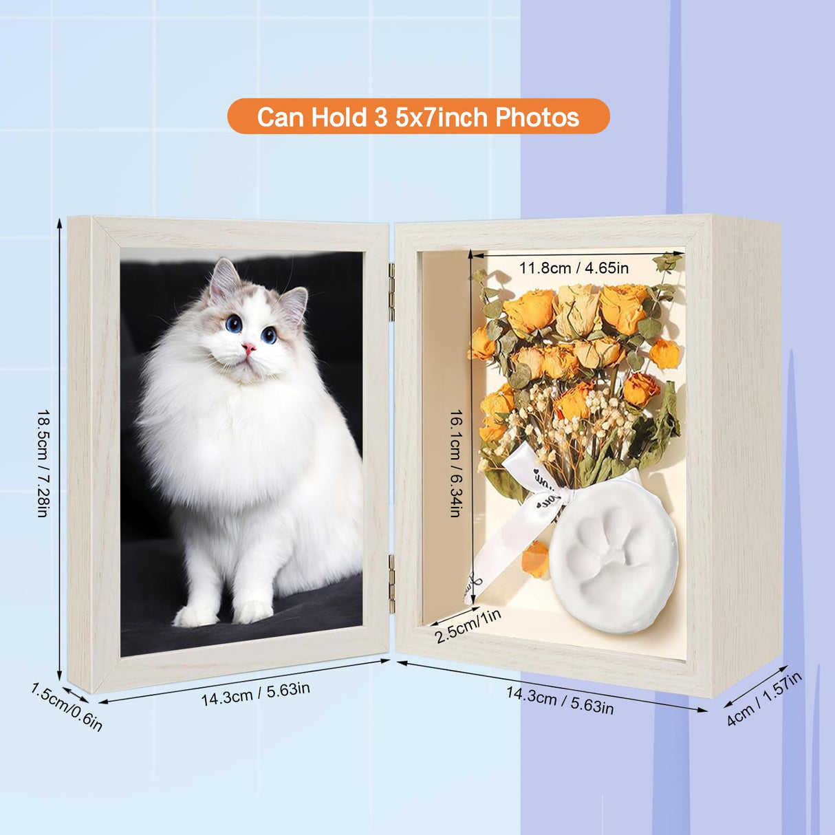 Favonuovy 5x7 Pet Memorial Picture Frame Shadow Box for Dogs and Cats Frame Keepsake for 3 Photos Pet Paw Print Display Shadow Box with Double Hinges and Glass Front Memorial Gifts for Dog Lovers Favonuovy