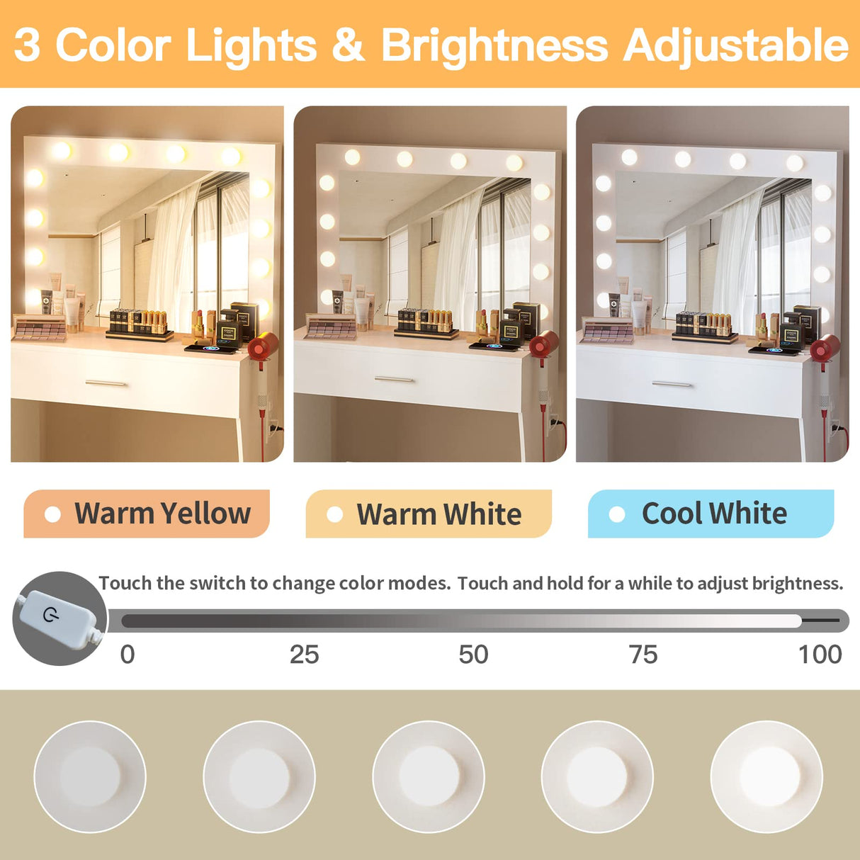 Titoni Vanity Table Set with Lighted Mirror - Makeup Vanity with Charging Station, Large Drawer Sturdy Wood Vanity with Lights, 3 Color Modes, Adjustable Brightness, White Titoni