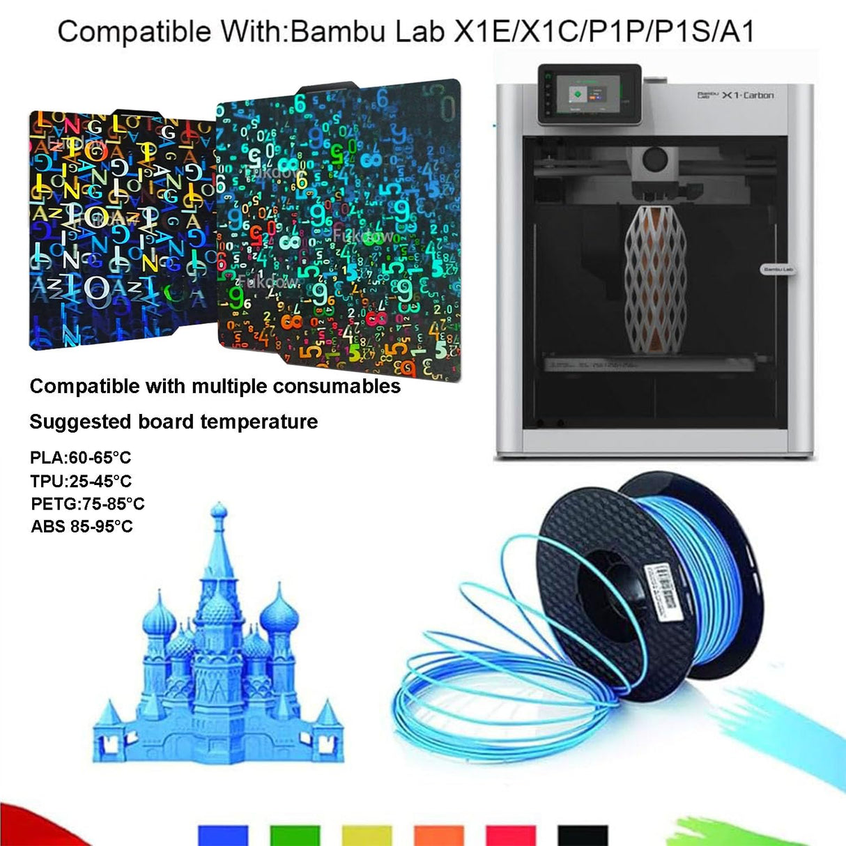 HzdaDeve Double Sided Build Plate 257.5x257.5MM Spring Steel Flexible Platform Print Bed Light Beam H1H Phantom Heated Board for Bambu Lab X1/X1C/X1E/P1P/P1S/A1 3D Printer (Alphabet+Number) HzdaDeve