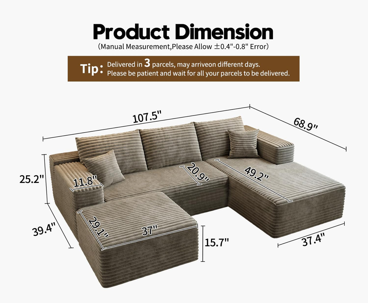 107.5"Cloud Modular Sectional Couch with 1 Ottoman,Modern Minimalist Upholstered Couches, Comfort U Shaped Sofa for Living Room,Deep Seat Corner Couch,No Assembly Required (Camel,Right Facing Chaise) Settab