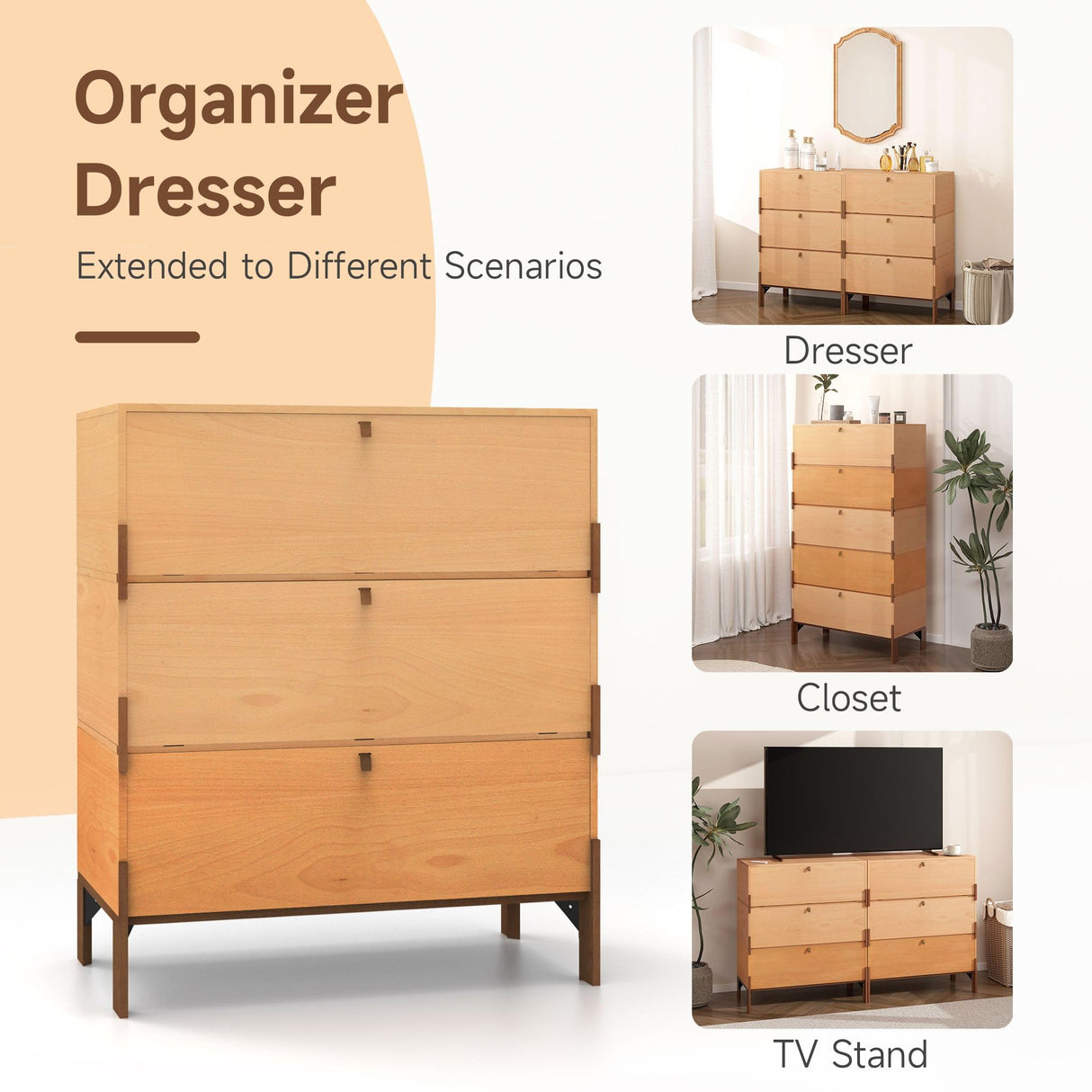 WHOOSPEREH Stackable 3 Drawers Dresser, Customizable Chest of Drawers for Bedroom, Living Room, Closet, Easy Assembly Wood Furnitures Cabinet, 30 inch Width Beech and Basswood Color Combo WHOOSPEREH