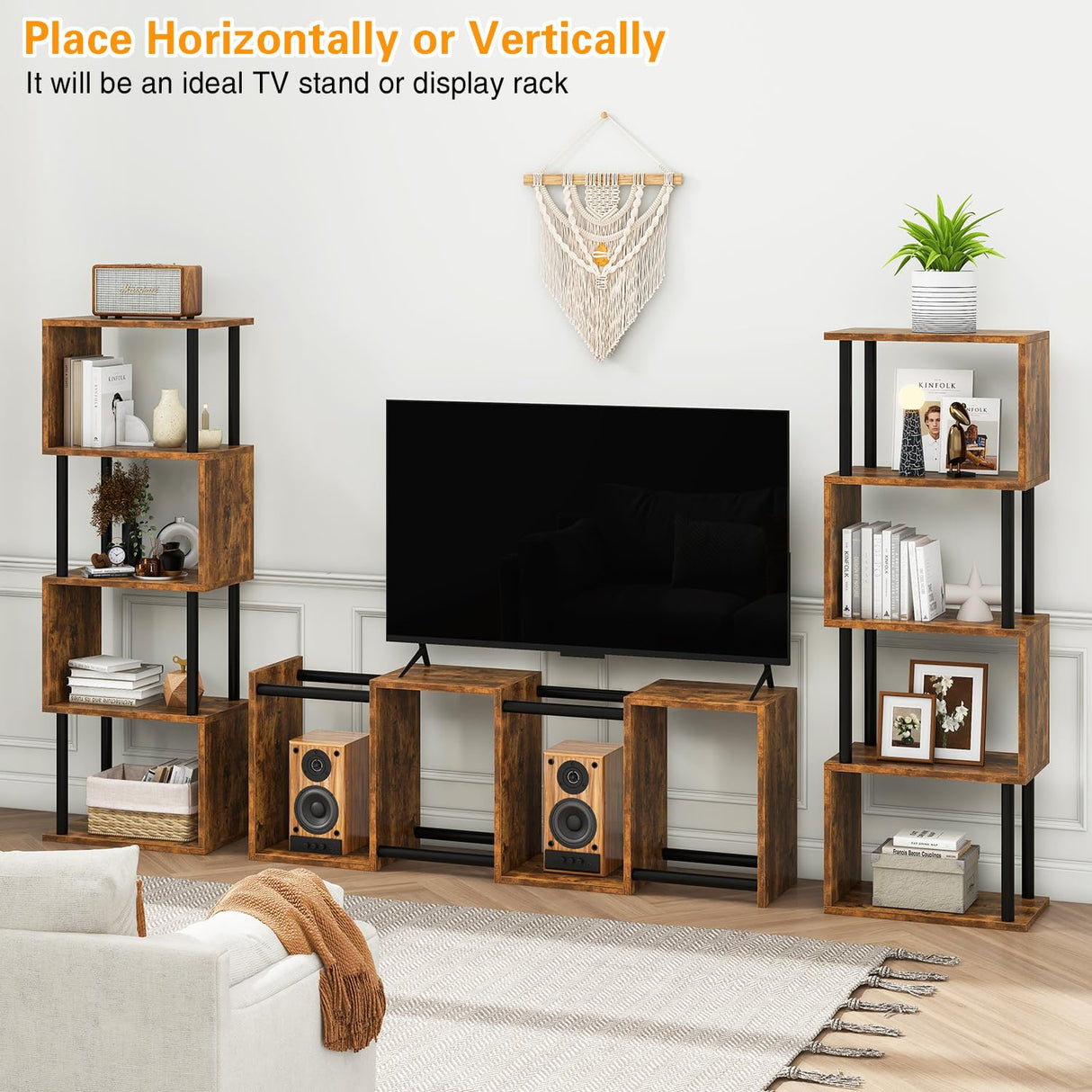 IBUYKE 5-Tier Tall Bookshelf,S-Shaped Geometric Bookcase, Wood Display Shelves with Storage,Industrial Bookshelf for Living Room Bedroom, Home Office, Rustic Brown WBC015H IBUYKE