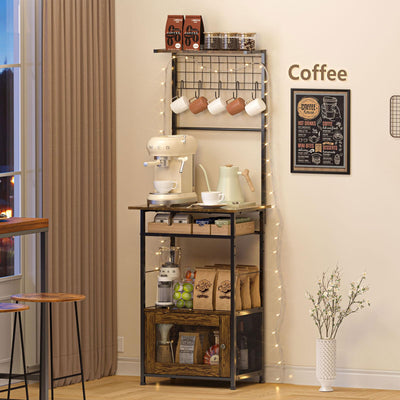 5-Tier Coffee Bar Cabinet with Visual Door, Small Kitchen Microwave Stand with 5 S-Shaped Hooks, 57.87”H Tall Bakers Rack with Storage Cabinet, Small Coffee Bar for Kitchen Living Room- Rustic Brown