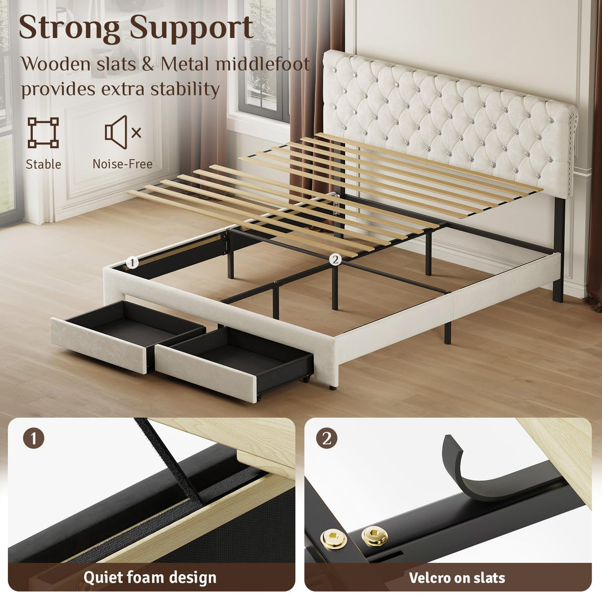 Belffin Queen Size Bed Frame with 2 Storage Drawers, Upholstered Bed Frame with Adjustable Diamond Headboard, Velvet Modern Platform Bed Frame, No Box Spring Needed, Easy to Assemble, Beige Belffin