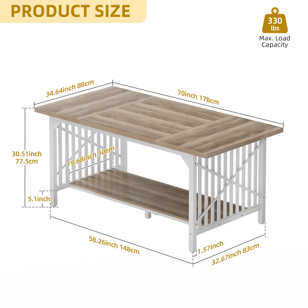 DWVO 70.8" Large Kitchen Dining Table for 6-8 People, Farmhouse Industrial Kitchen Table with Storage, Rectangle Apartment Rustic Dinning Room Dinette Tables for Eating Dinner DWVO