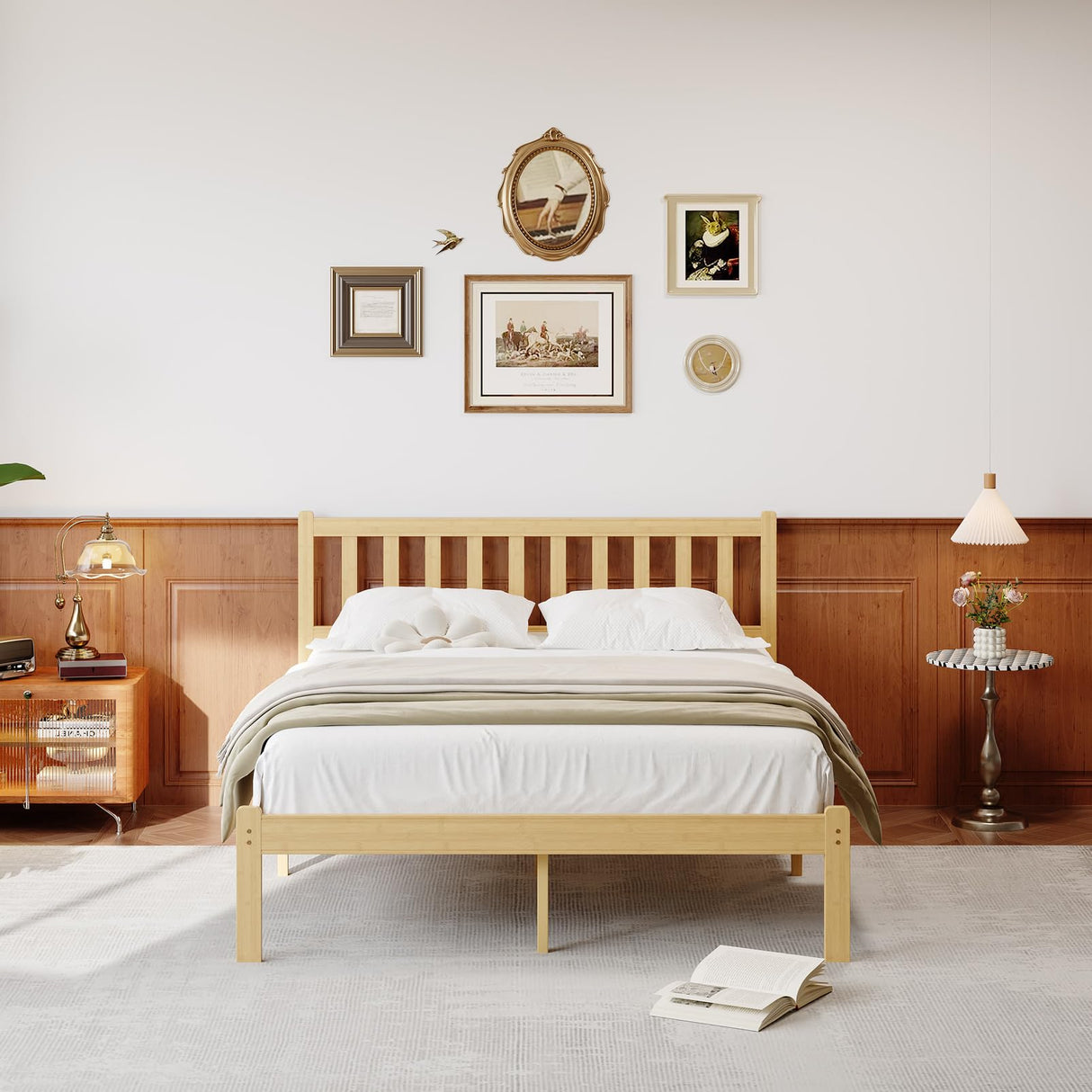 FDLOGW 14 in High Solid Bamboo Wood Platform Queen Bed Frame with Headboard, Bed Frame Queen Size, Heavy Duty, No Box Spring Needed, Nosie Free FDLOGW