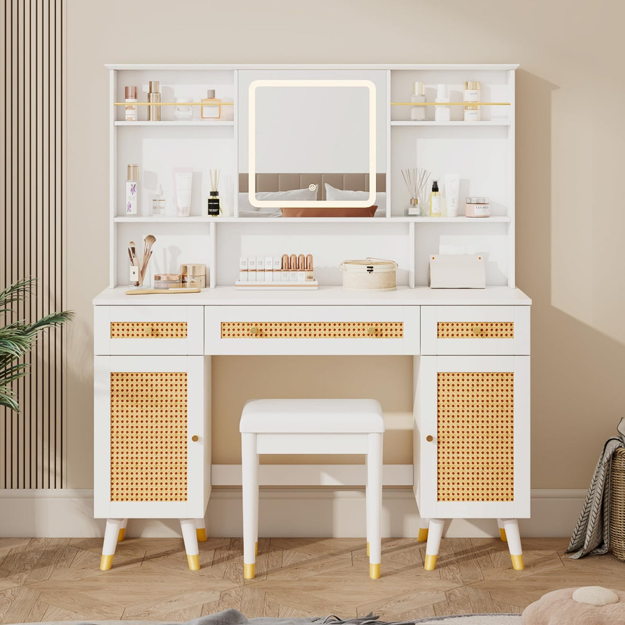 LUXOAK 47" Makeup Vanity Desk with LED Light Mirror & Rattan Design, Vanity Table with Adjustable Large Storage Cabinet for Bedroom Bathroom, Stool Included, White LUXOAK