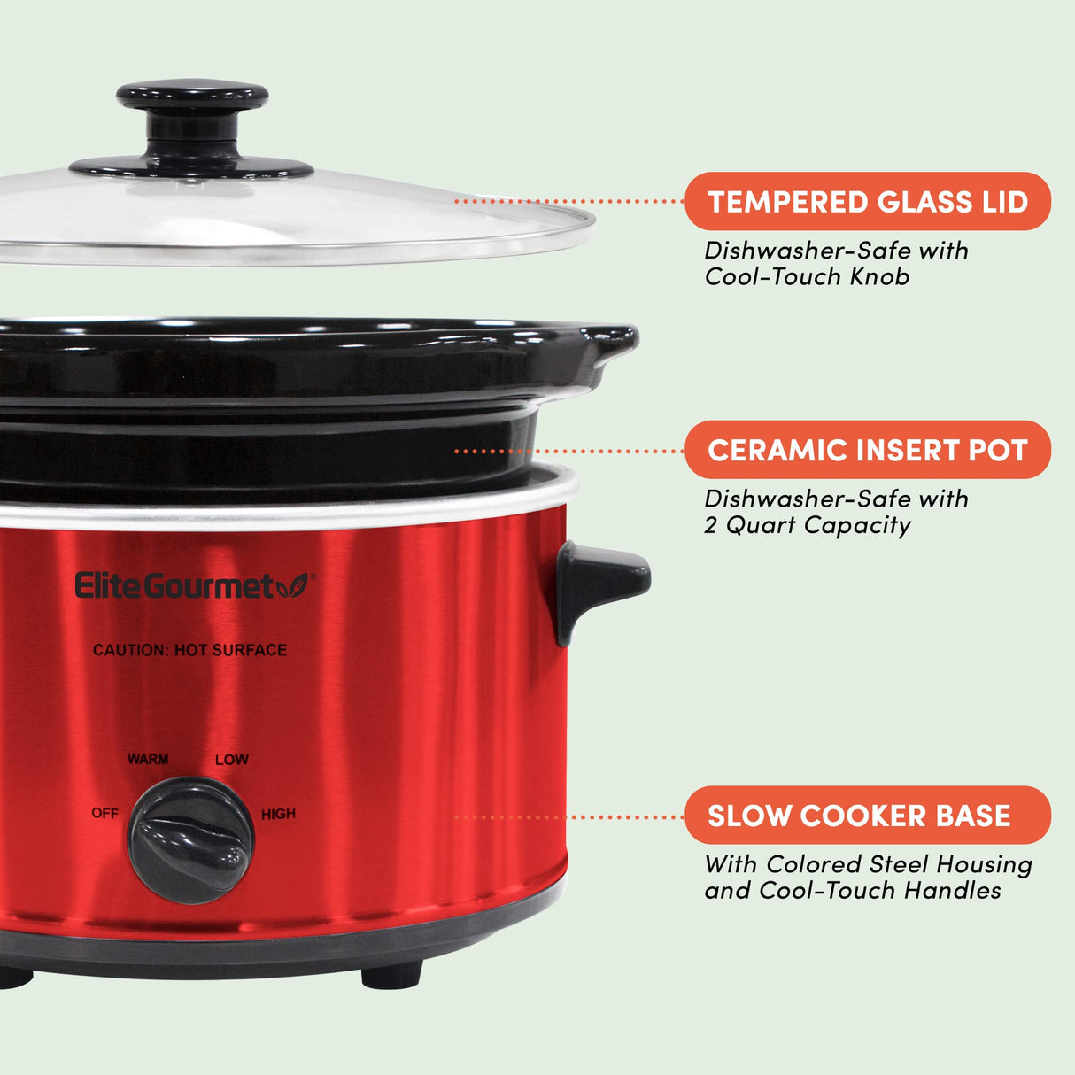 Elite Gourmet MST-275XR# Electric Oval Slow Cooker, Adjustable Temp, Entrees, Sauces, Stews & Dips, Dishwasher Safe Glass Lid & Crock (2 Quart, Metallic Red) Elite Gourmet