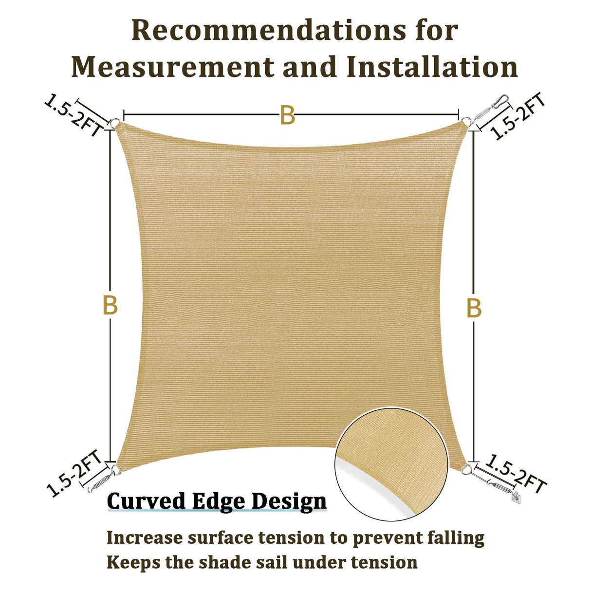 Shade&Beyond 10'x10' Sun Shade Sails Curved Canopy Square Sand 185GSM Shade Sail Permeable for Patio Deck Yard Backyard, (We Make Custom Size) Shade&Beyond