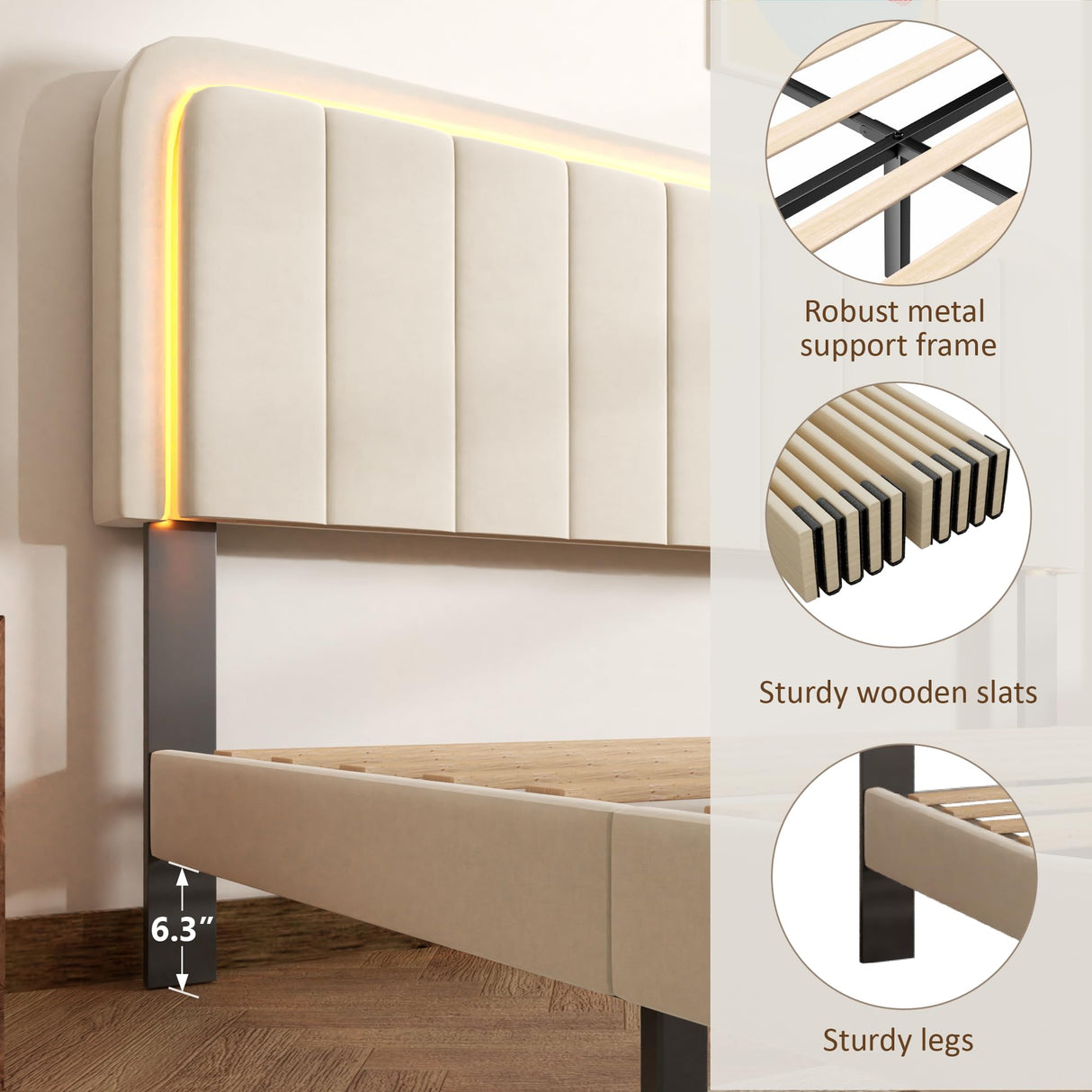 CXVX Adjustable Velvet Platform Full Size Bed with LED Lights, Charging Station & Wooden Slats, Upholstered Bed Frame with Headboard, Noise-Free Mattress Foundation, No Box Spring Required CXVX