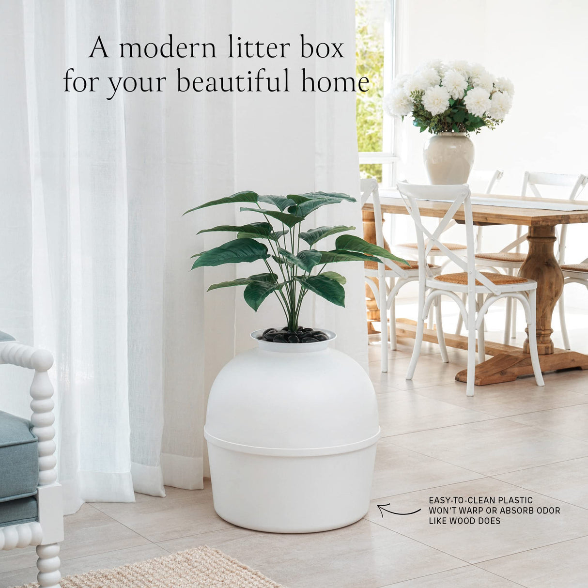 Secret Litter Box by Bundle & Bliss - Hidden Litter Box Enclosure, Patented Design with Odor Control, Includes Faux Plant, Carbon Filter and Real Stones Vivid White Bundle & Bliss