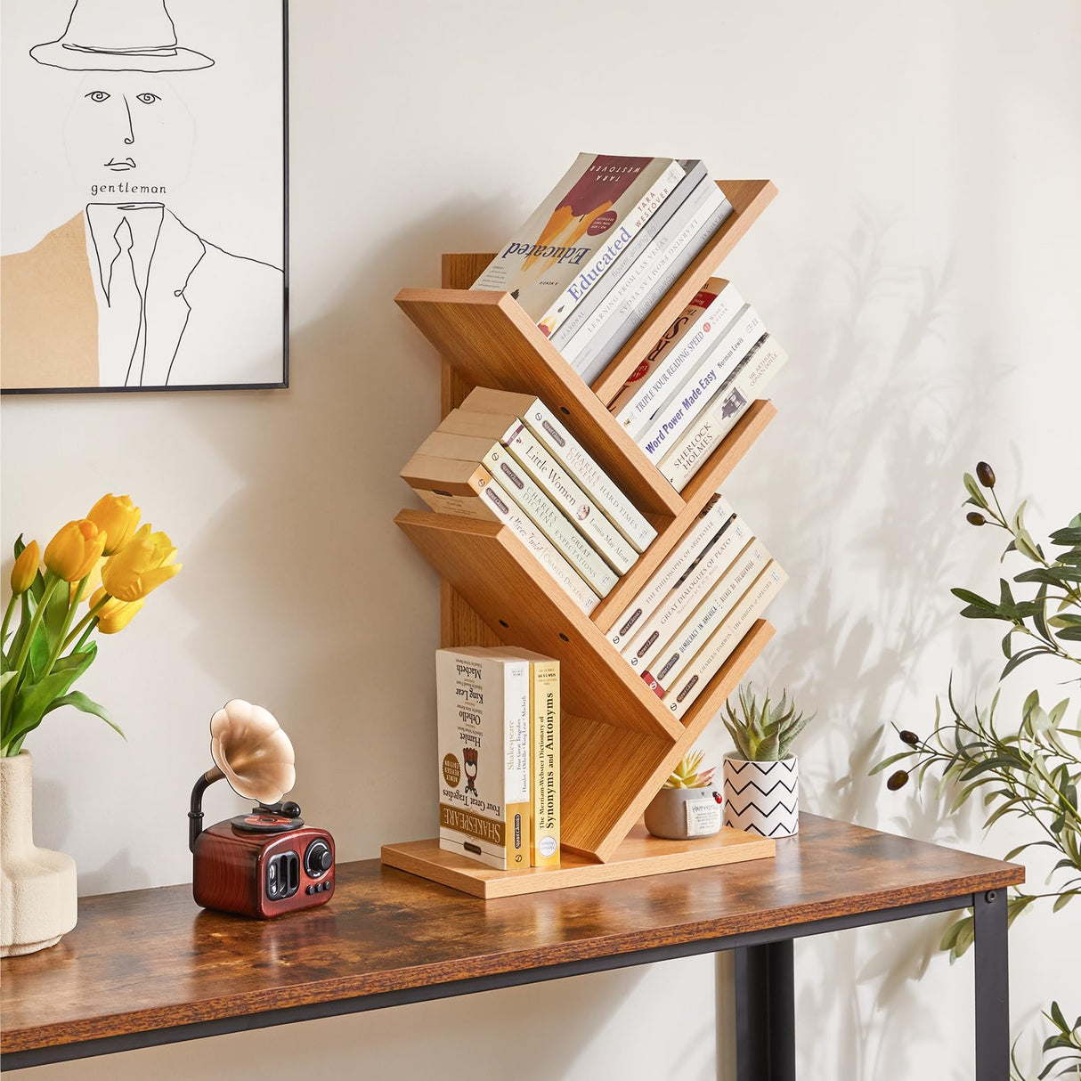 YMYNY 4 Tier Tree Bookshelf, Small Bookcase, Modern Wood Book Storage Rack, Freestanding Book Shelf for Books/Movies/CDs, Narrow Display Rack for Living Room, Home Office, Natural UHBC014N YMYNY