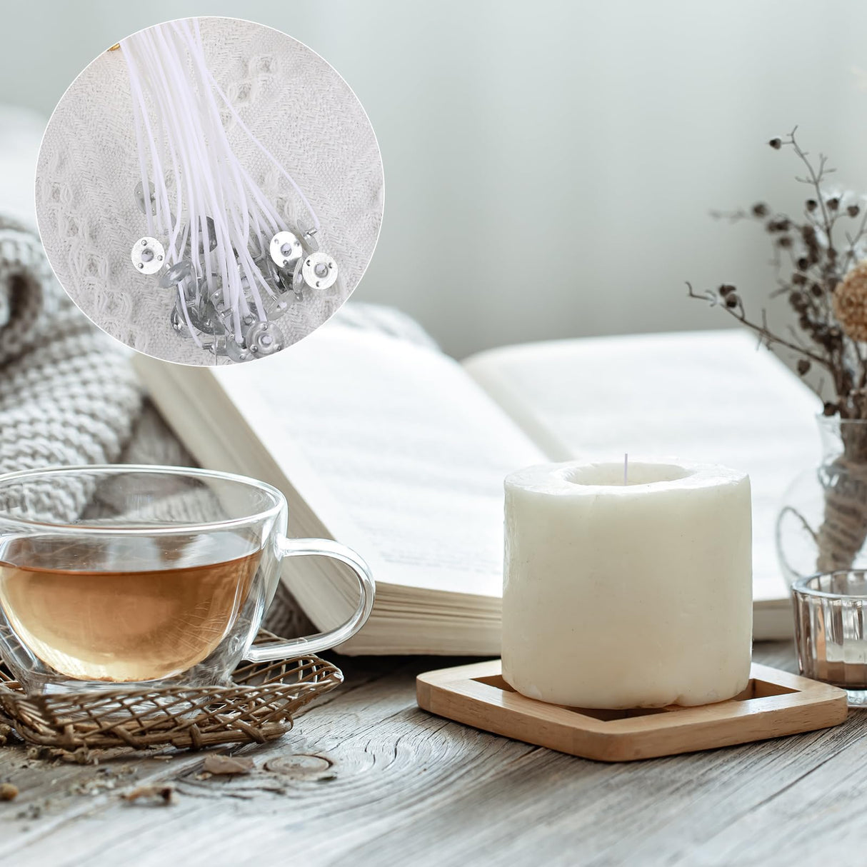 Cotton Candle Wick 100 PCS Candle Wicks for Candle Making, 8'' Candle Wicks Candle Cotton Wicks Candle Making Supplies Pre-Waxed for Candle Making,Candle DIY, Thick Candle Wick with Base Psyqtsuary