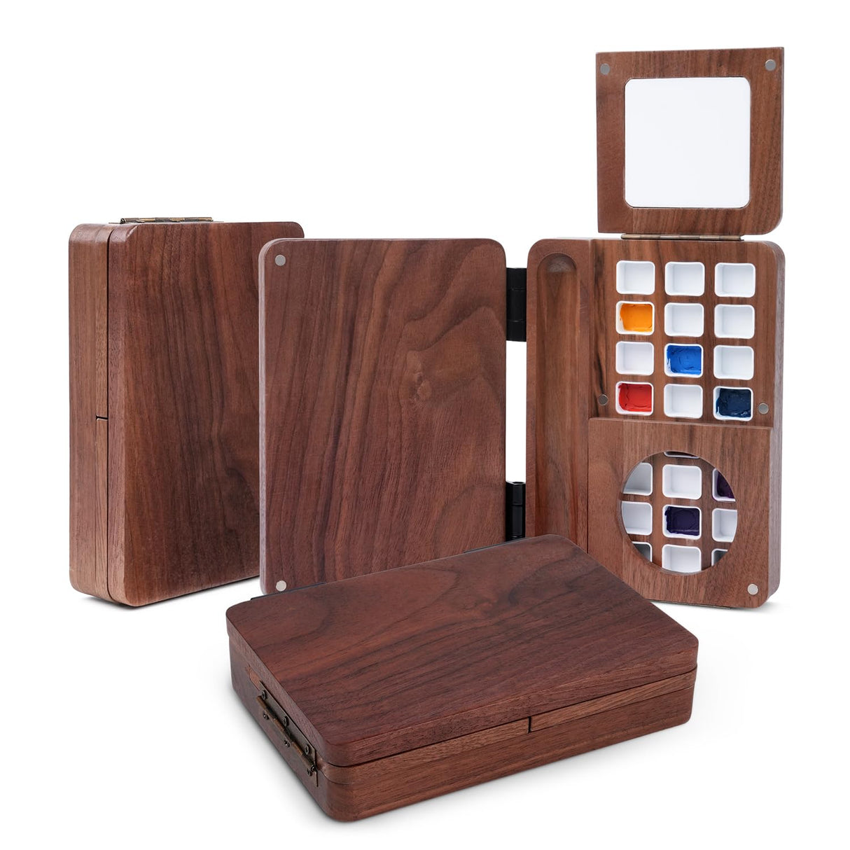 Fuumuui Travel Watercolor Palette 24 Grids Foldable with 2pcs Sable Travel Watercolor Brushes, Portable Walnut Wood Palette Box for Plein Air Painting Fuumuui